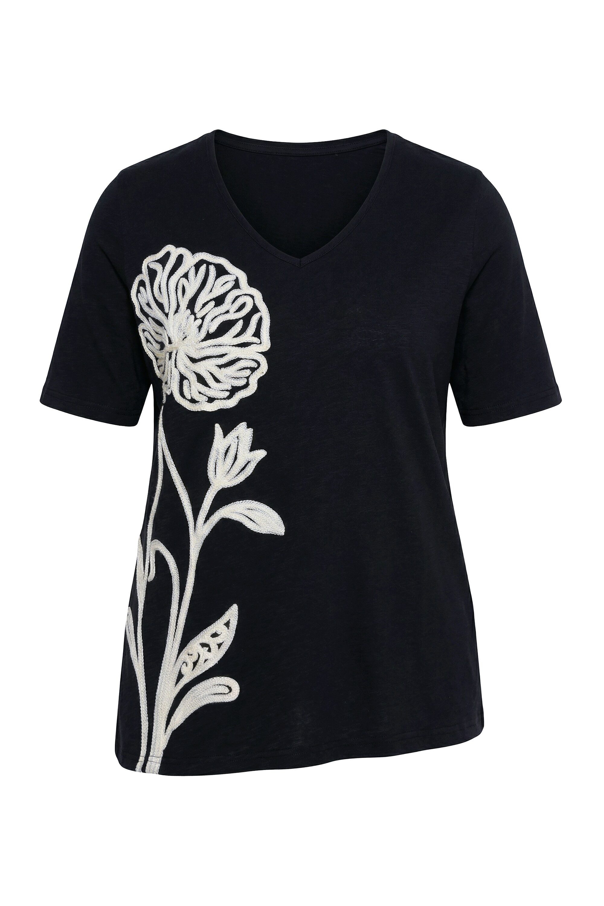 Longshirt Longshirt Stickerei Rundhals Halbarm Biobaumwolle