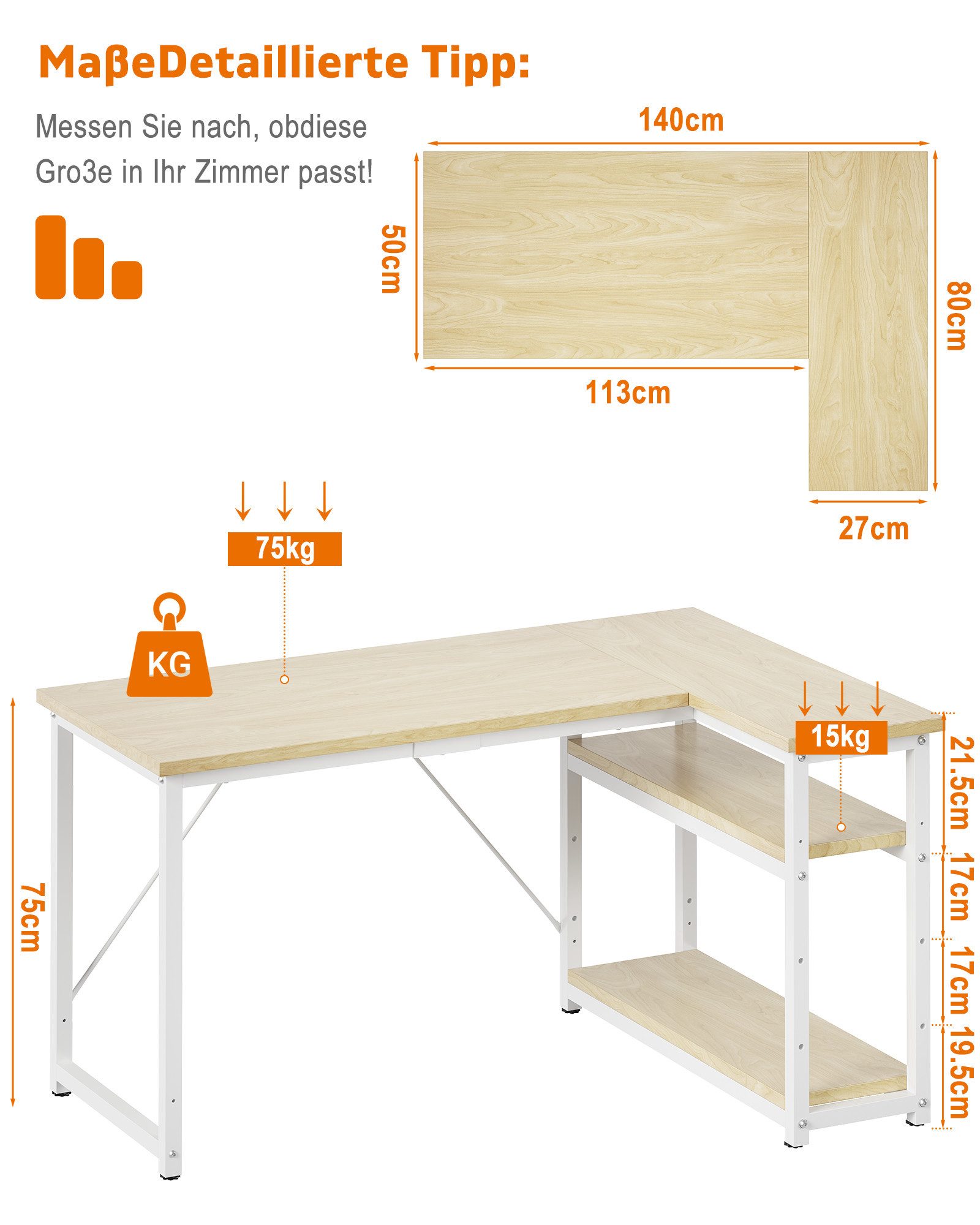 GUNJI Eckschreibtisch Eckschreibtisch Umkehrbarer L-förmiger Computer schreibtisch mit Hutch (Maße: 1 m/1,2 m/1,4 m/1,6 m, Schreibtisch mit verstellbaren Einlegeböden)