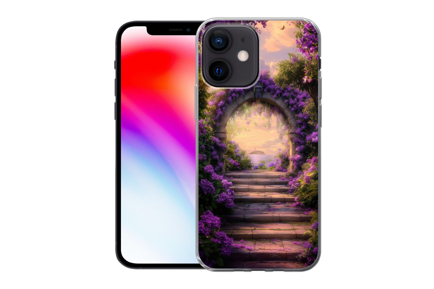 MuchoWow Handyhülle für Apple iPhone 12 Mini Tor - Lila - Blumen, Smartphone-Bumper, Print, Handy Schutzhülle Dünn