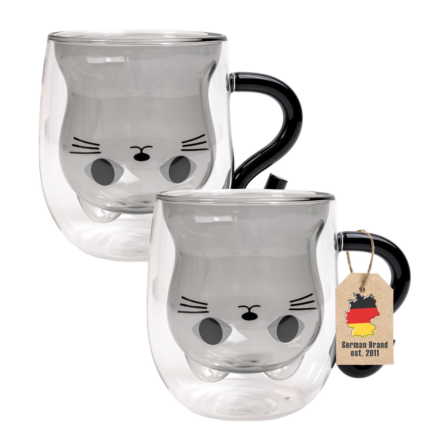 Intirilife Gläser-Set, 2-tlg., Glas, Thermo Glas Doppelwandig 200ml Kaffeetasse Teetasse Katzendesign 2-tlg