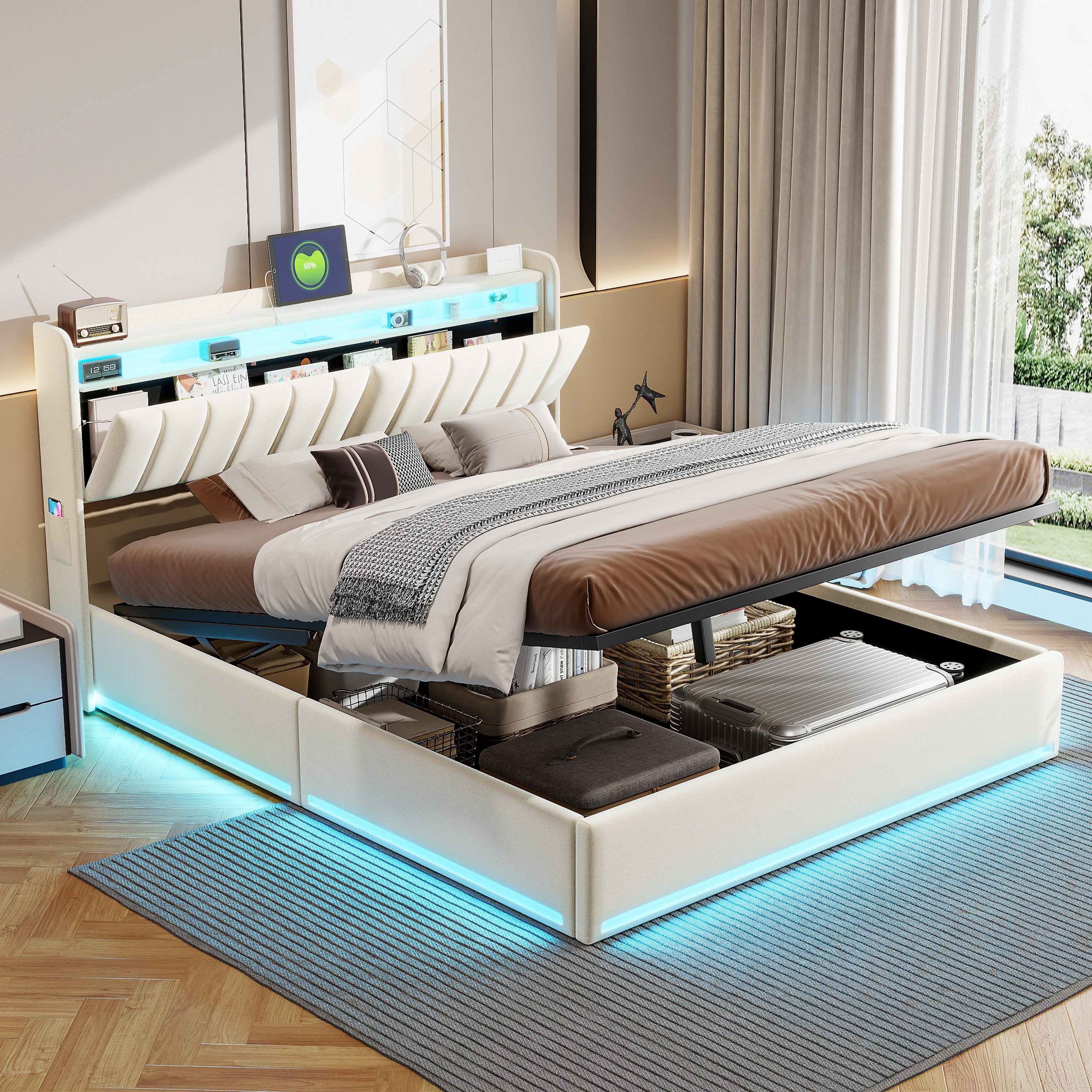 PXloue Polsterbett LED Doppelbett, Bettkasten, Ladefunktion, günstig online kaufen