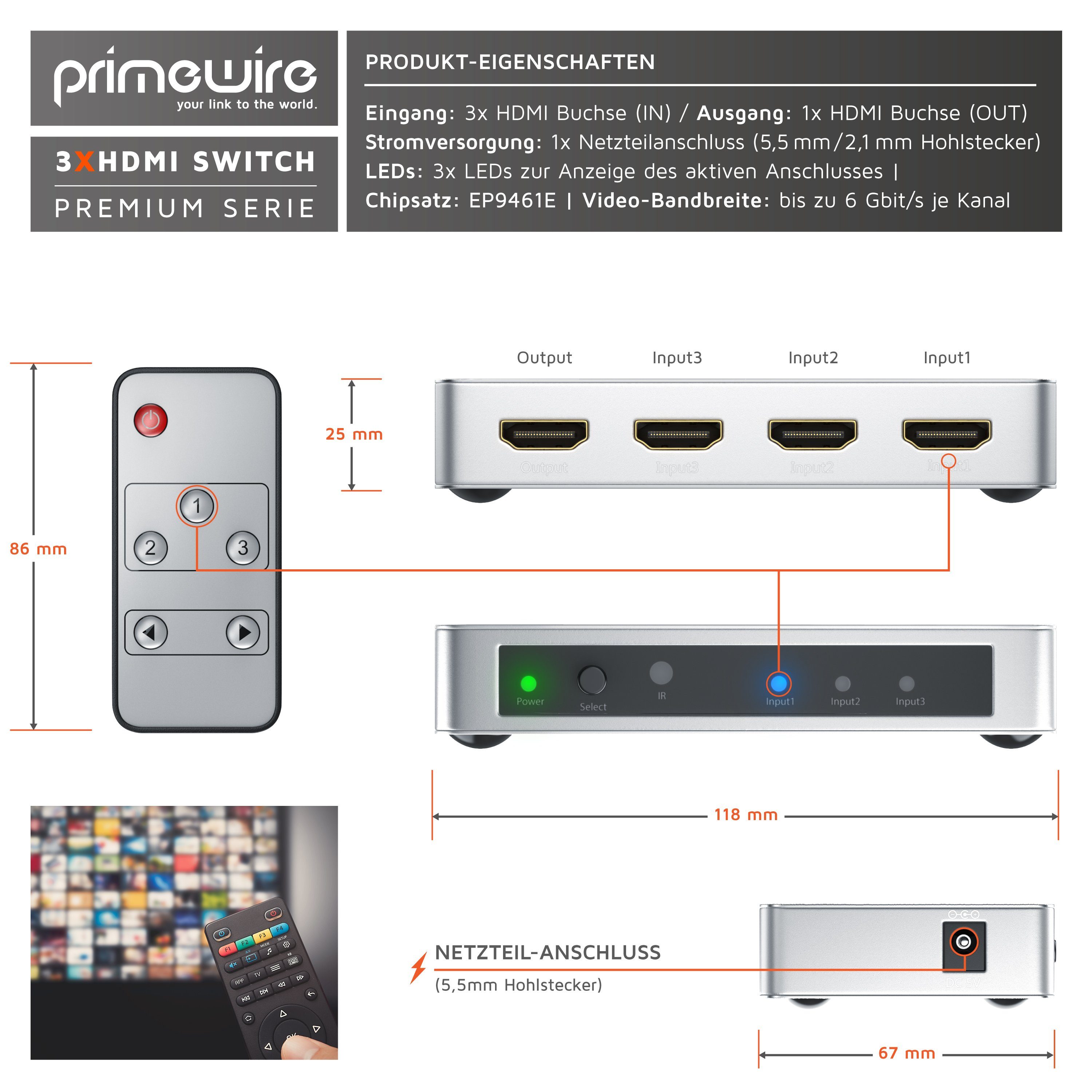 Primewire Audio / Video Matrix-Switch 3-Port 4k UHD HDMI Switch, Verteiler mit Fernbedienung & Netzteil, 3 Zuspieler an einem TV-Anschluss, für Konsole und Play – Bild 2 von 5