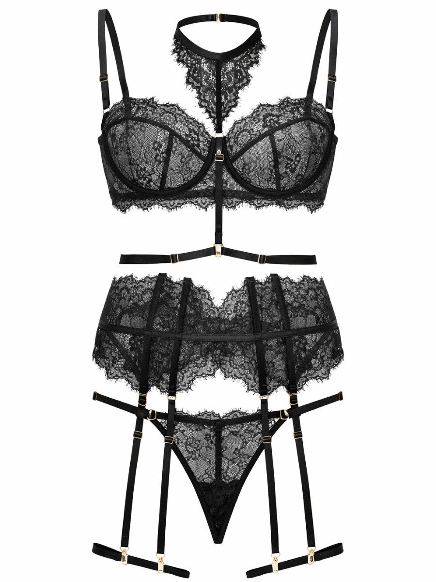 Elegant Love Set: Bügel-BH Spitzen-Lingerie-Set für Damen – Dessous mit Strapsen (Set, 5-tlg., Halsband + BH + Tanga + Taillenband + Beinriemen) Stilvolle Damenunterwäsche – Reizwäsche für besondere Momente