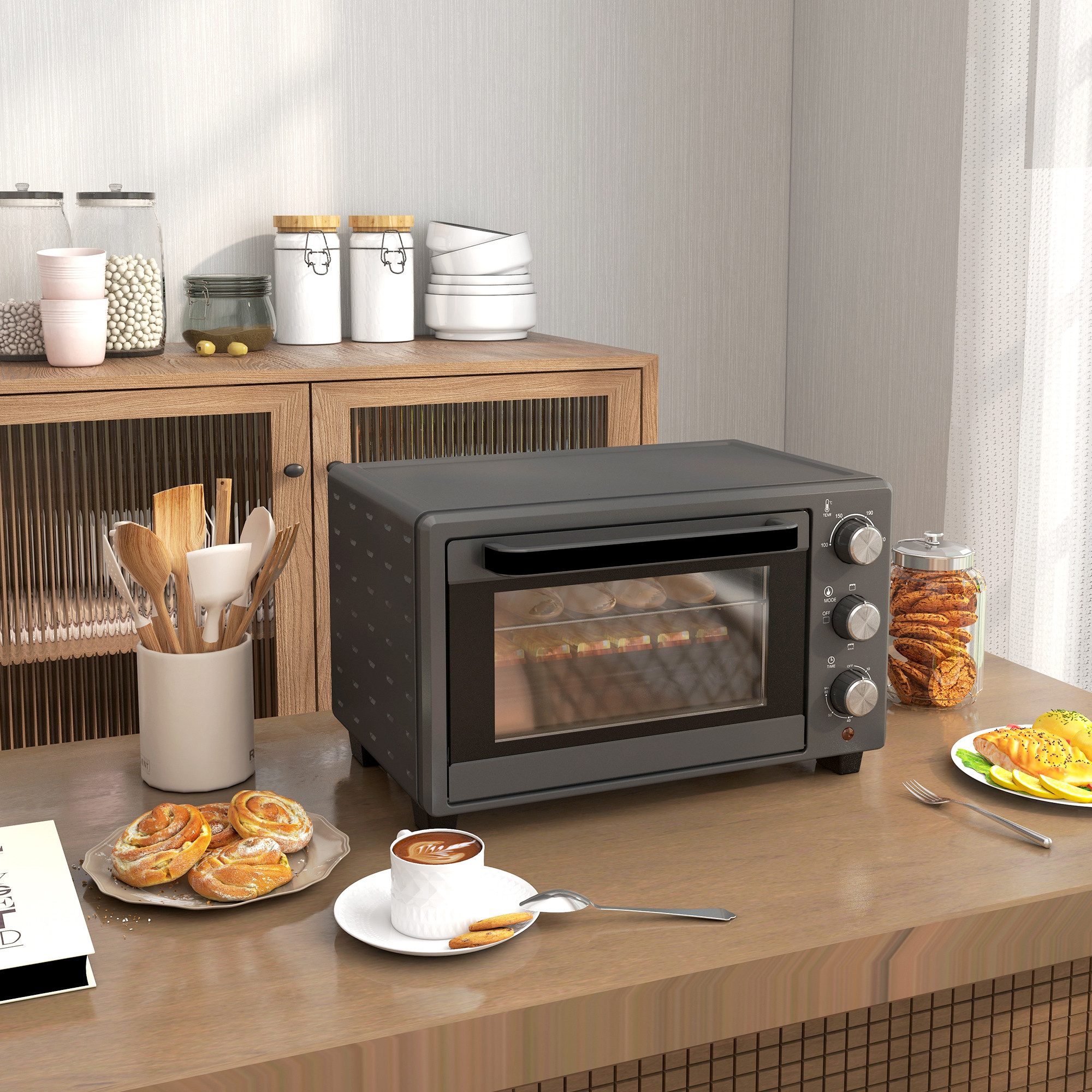 HOMCOM Minibackofen Backofen 10 L 750W 100-230℃ mit Backblech Pizza-Ofen, zum Grillen, Backen, Toasten, Grau