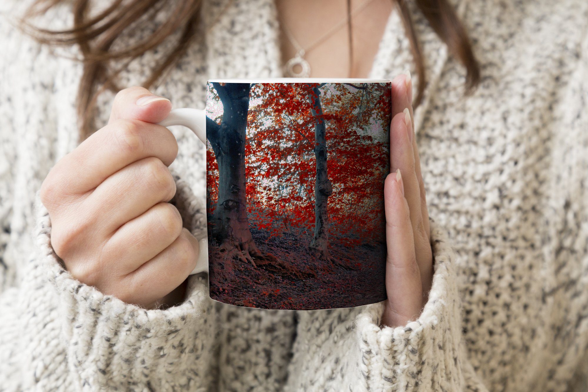 Tasse den Kaffeetassen, Keramik, Bäume - - Teetasse, Herbst, - Geschenk durch Waldweg Becher, Teetasse, Weg Wald MuchoWow