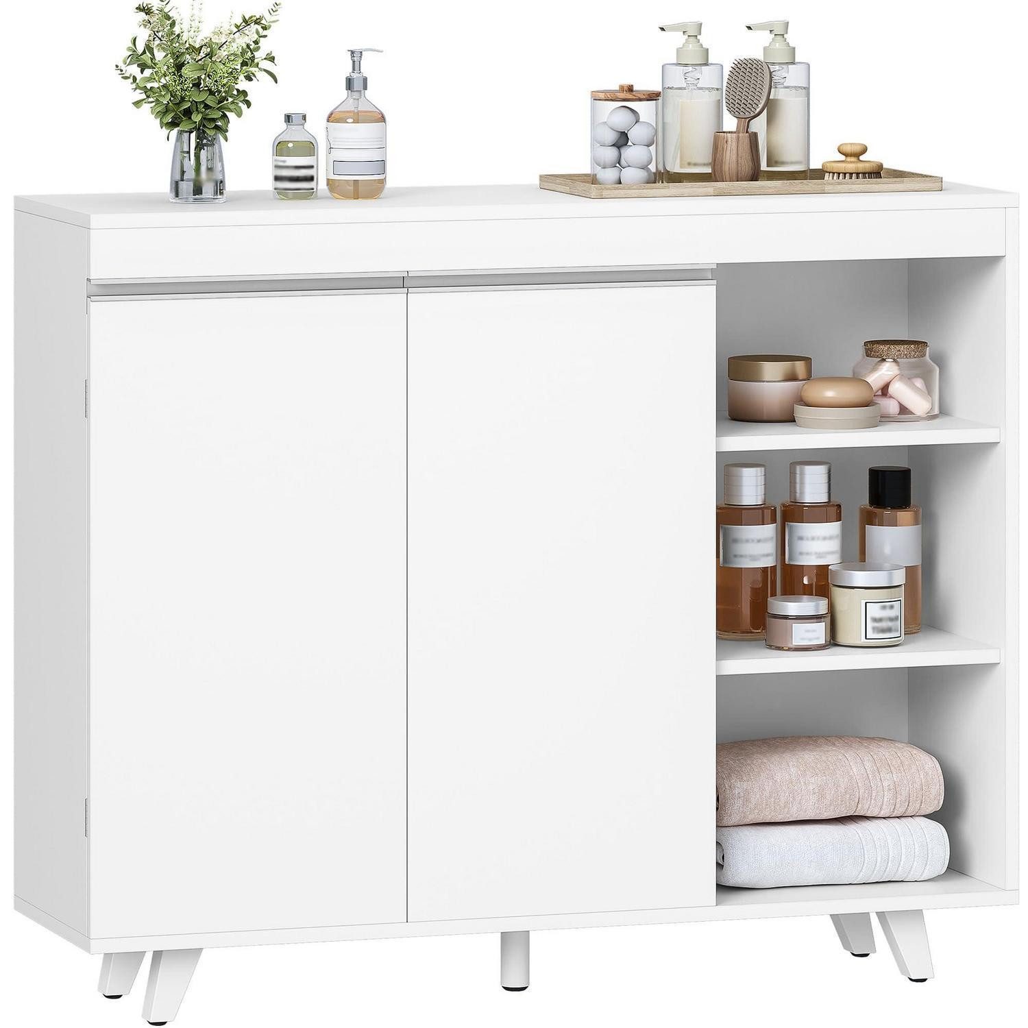 Badkommode Badezimmerschrank 2 Türen 3 offene Ablagen weiß 30x100x82 cm