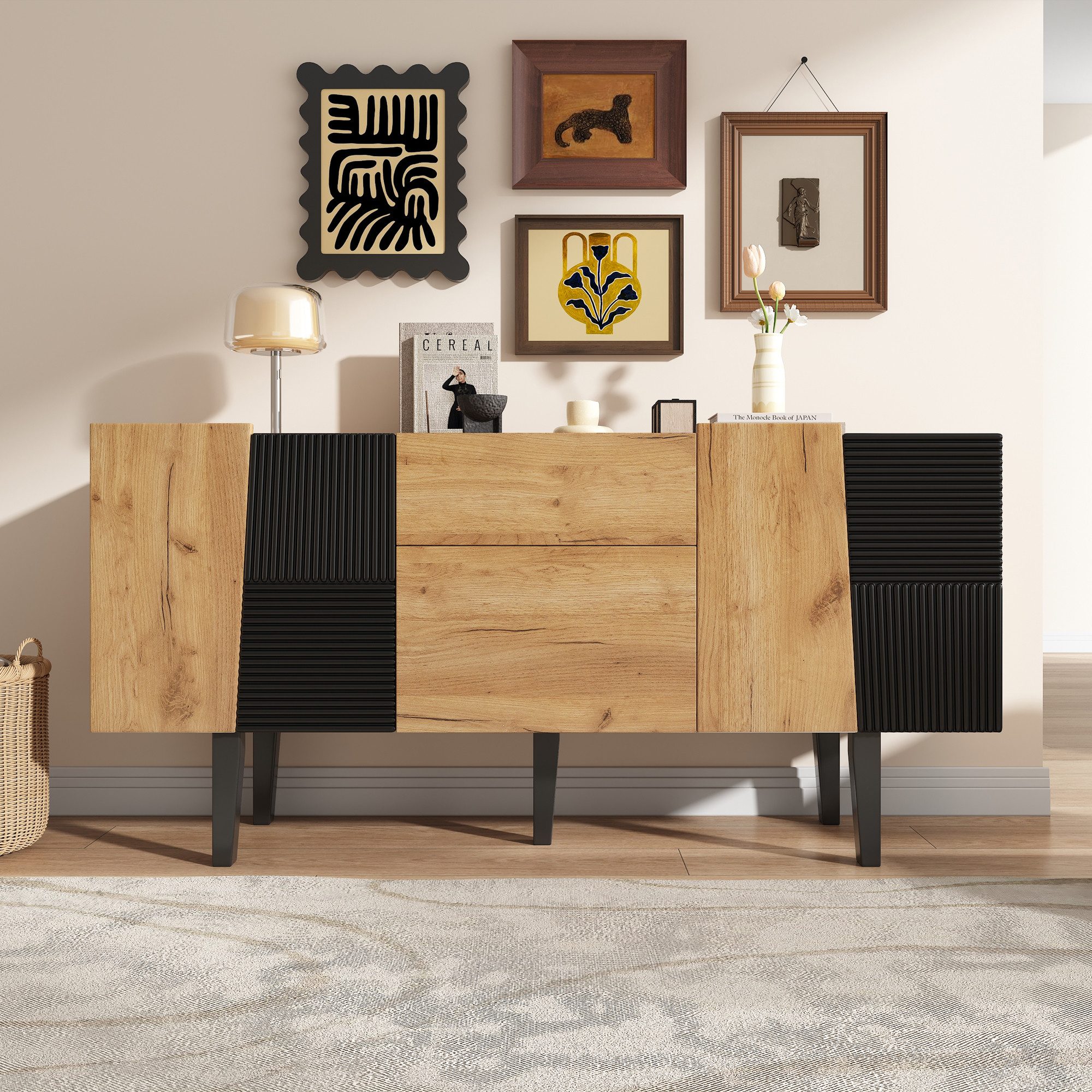 MODFU Lowboard mit Massivholzbeinen (TV-Schrank,Fernsehtisch,TV-Board,TV-Ständer, 1 St., 4 Türen, 2 Schubladen), für 60"-Fernseher