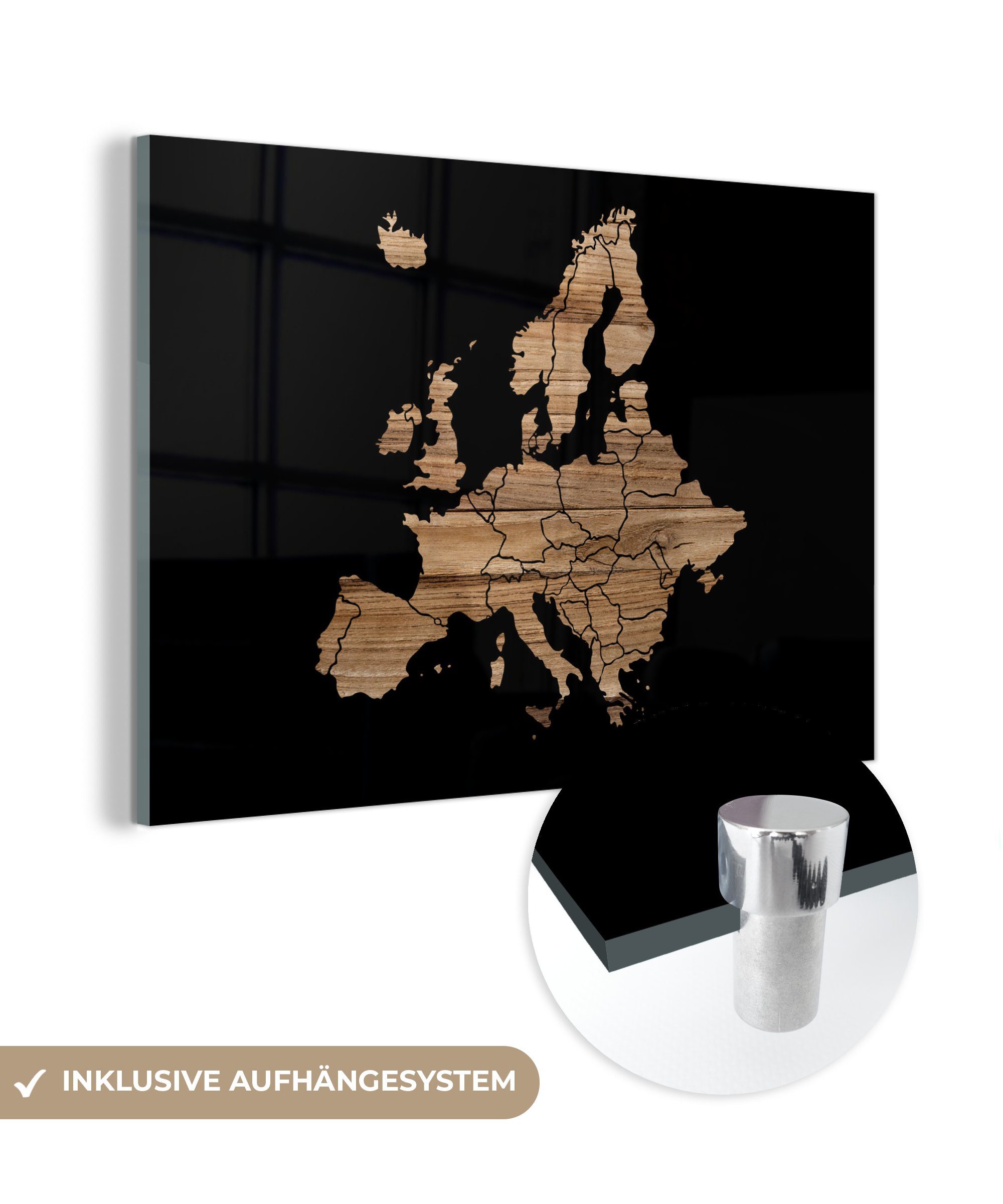 Europa Karte - Schwarz, MuchoWow Holz von & Acrylglasbilder St), - (1 Schlafzimmer Wohnzimmer Acrylglasbild