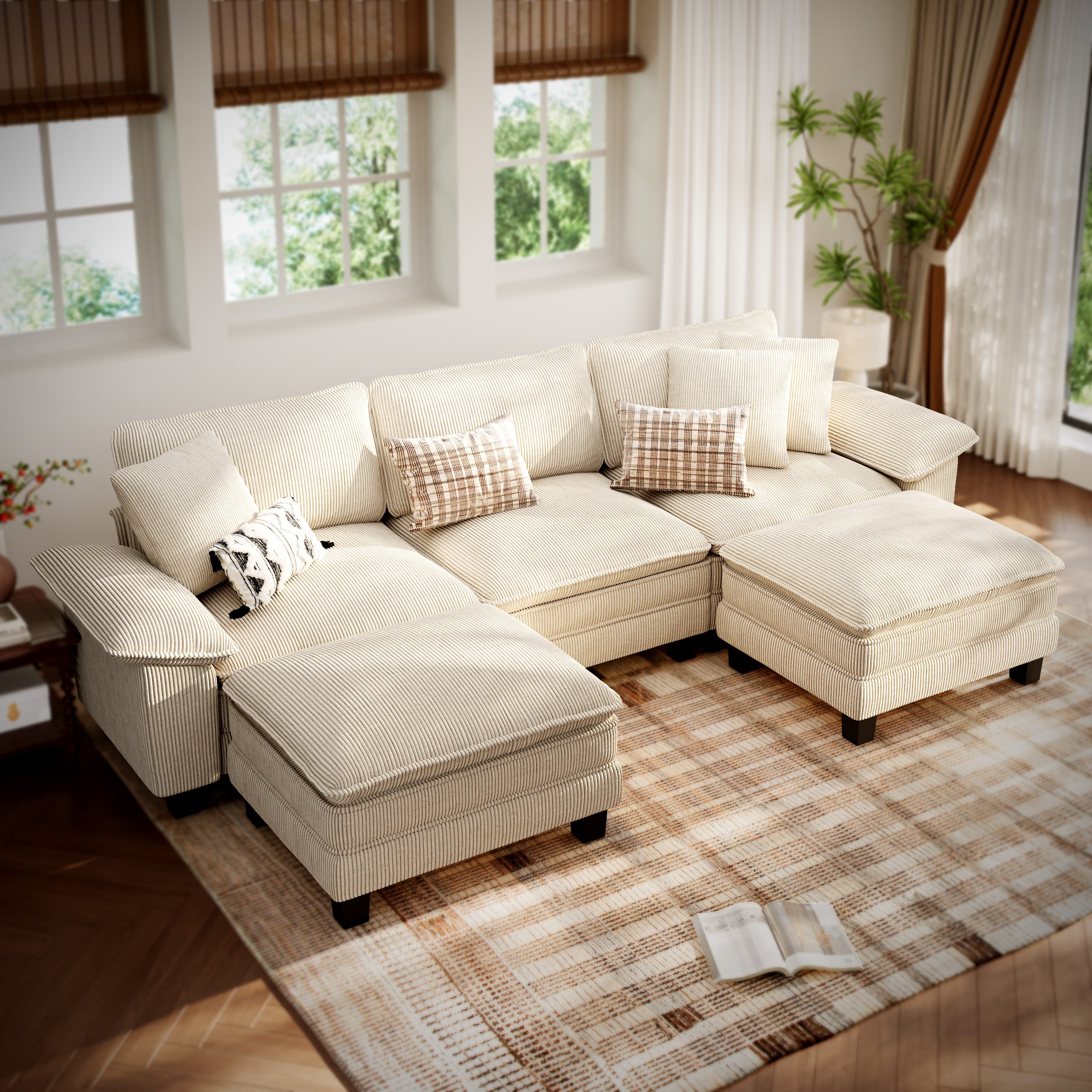 PHI VILLA Ecksofa L-Form Couch, 4-6-Sitzer-Sofa, Modulare Sofas inklusive Zierkissen und Ottomane für das Wohnzimmer