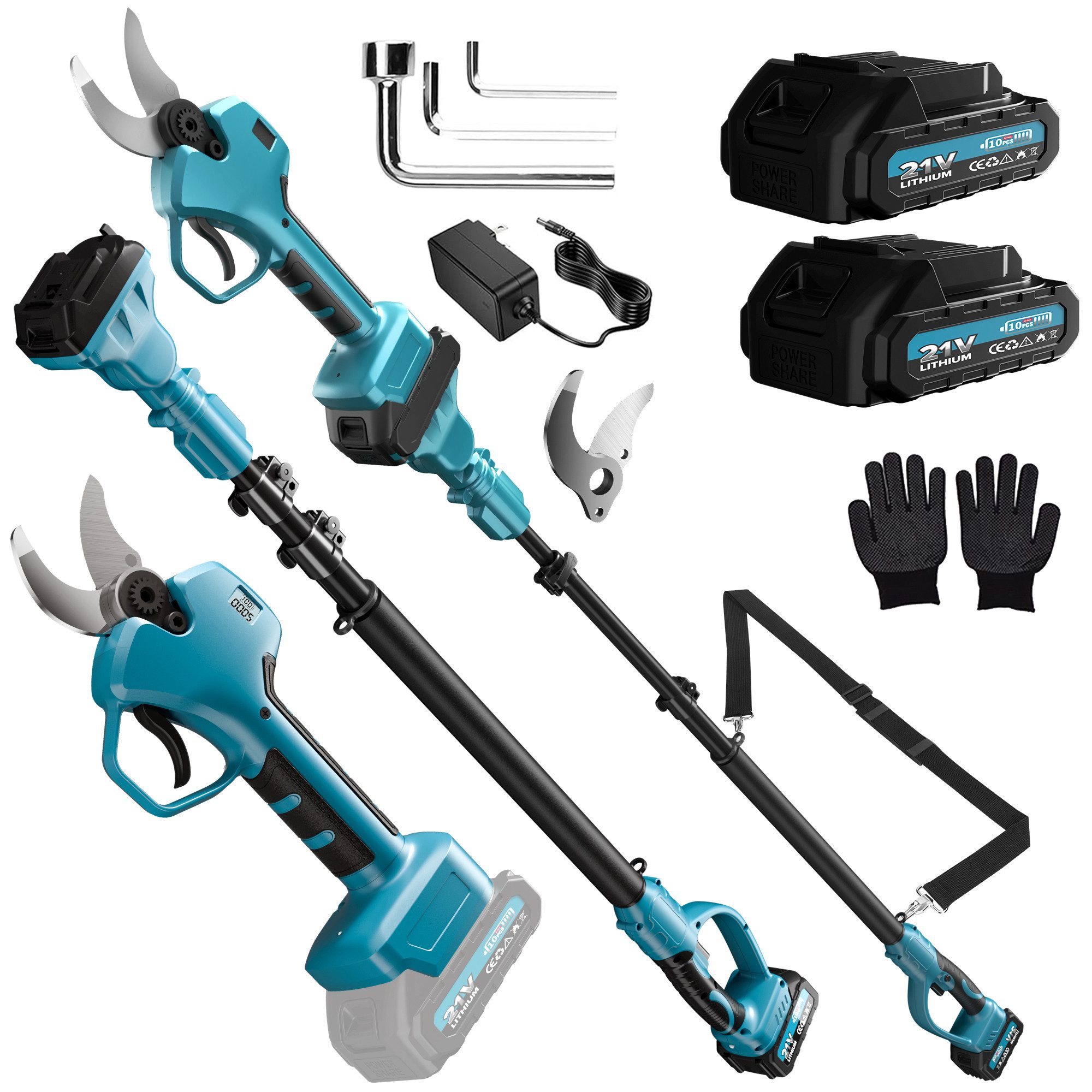 Rinoxar Akku-Astschere 2 in 1 Akku Astschere Teleskop,Elektrische Gartenschere Professionelle, bis 4 m Arbeitshöhe, 2x2000mAh Batterien, mit 2M Teleskopstange, für Garten Äste Obstgärten