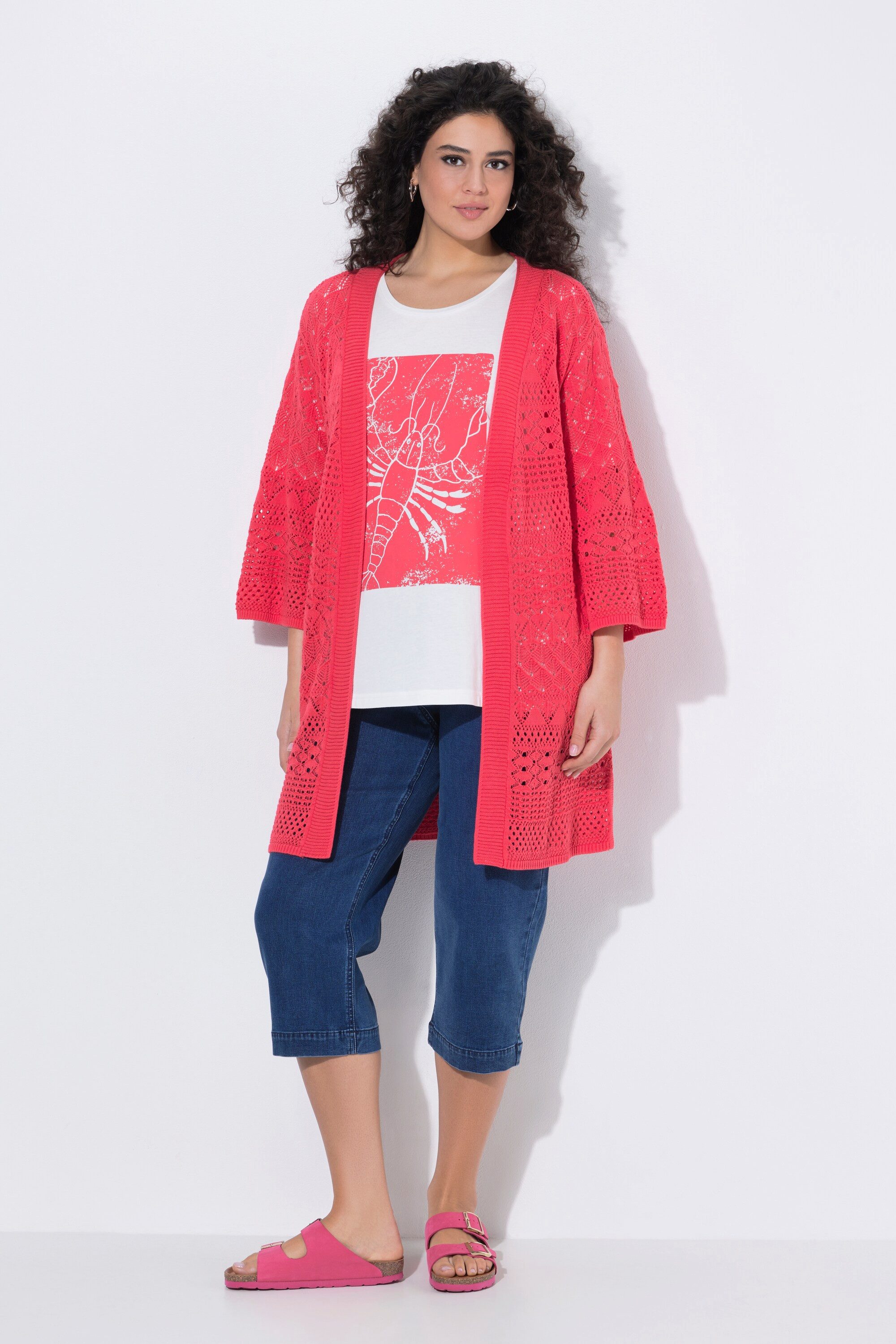 Ulla Popken Strickjacke Long-Strickjacke Ajourstrick offene Form 3/4-Arm