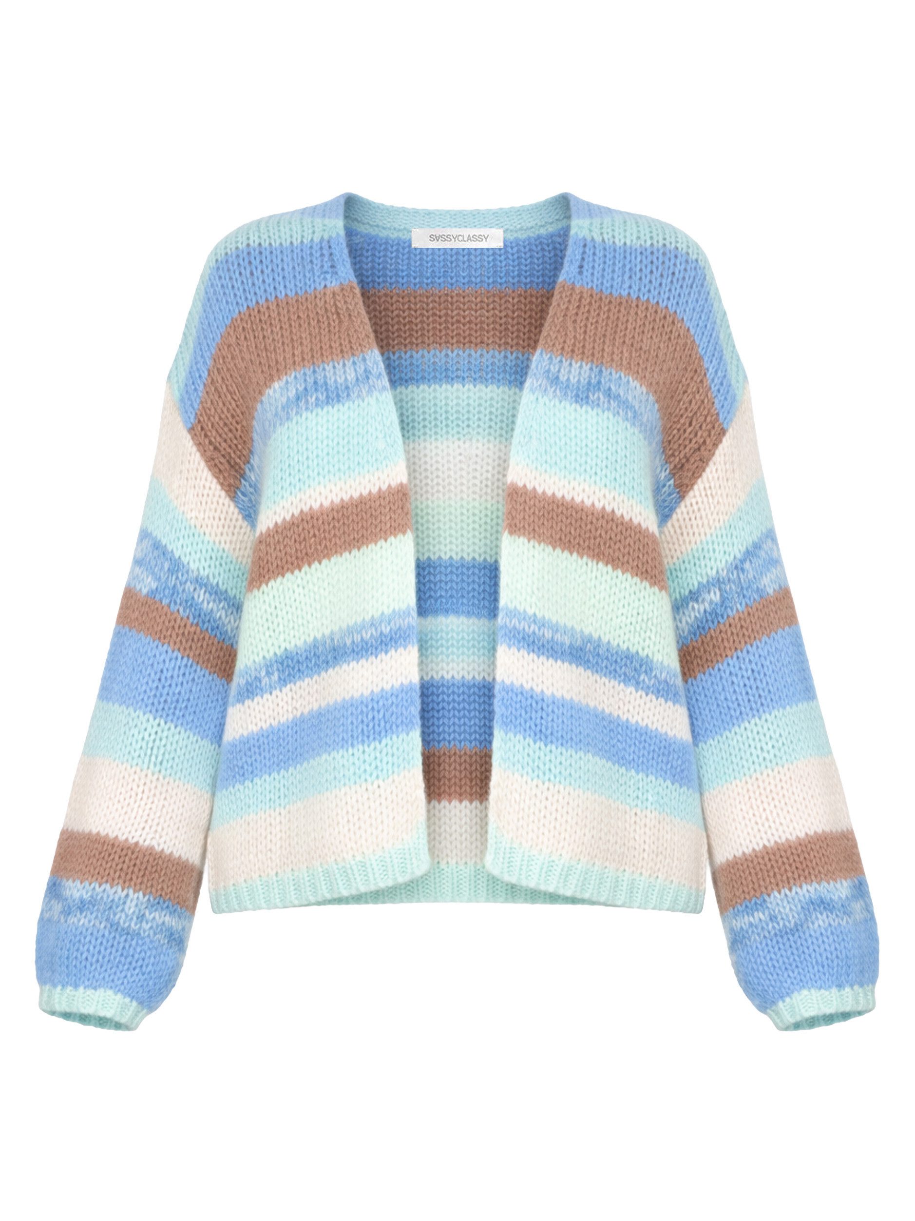 SASSYCLASSY Cardigan Cardigan mit mehrfarbigen Streifen für Damen Offene Strickjacke mit gerippten Bündchen und extra langen Ärmeln