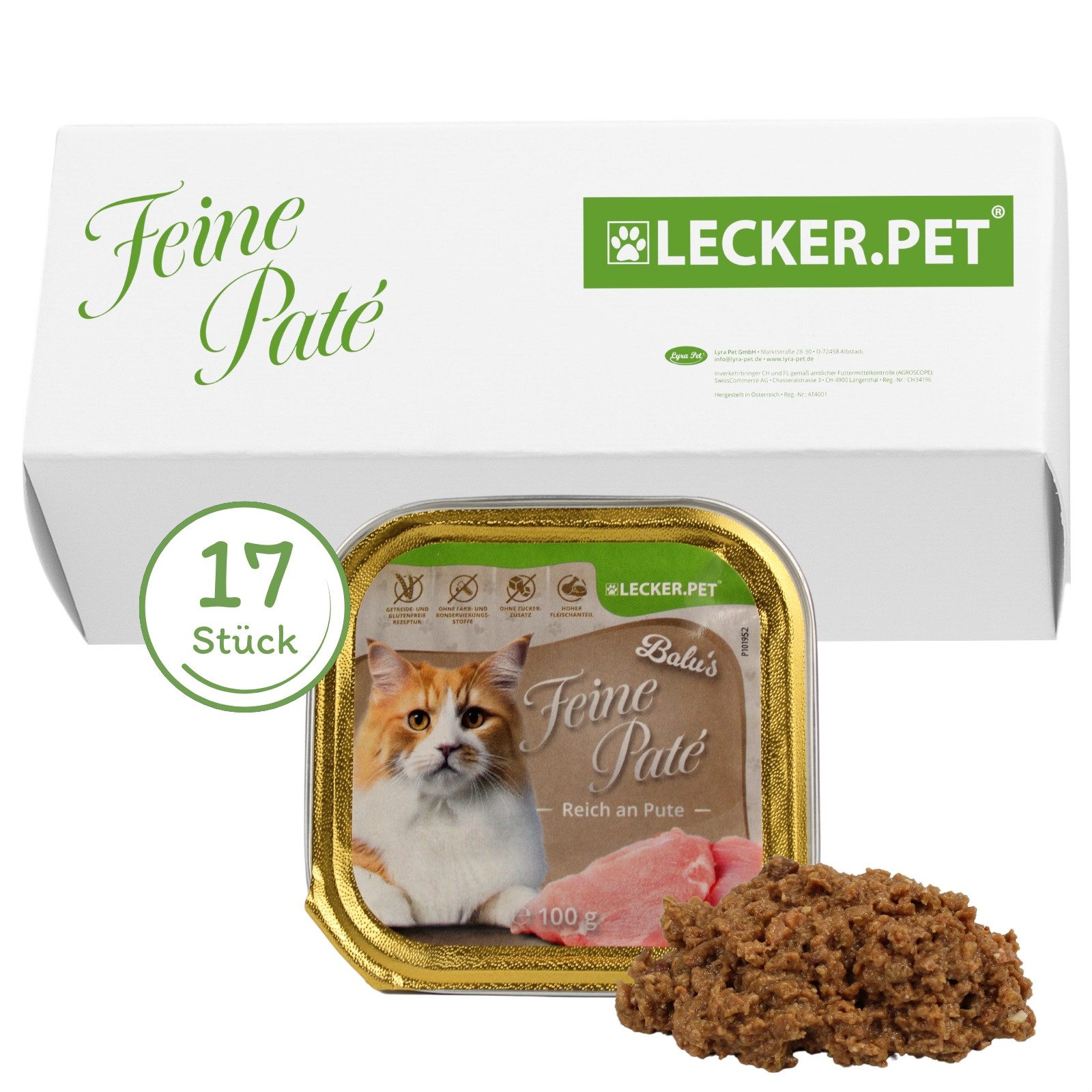 Lecker.Pet 17 x 100 g Lecker.Pet® Balu's Feine Paté Reich an Pute Nassfutter Pute, Nassfutter für: Katze