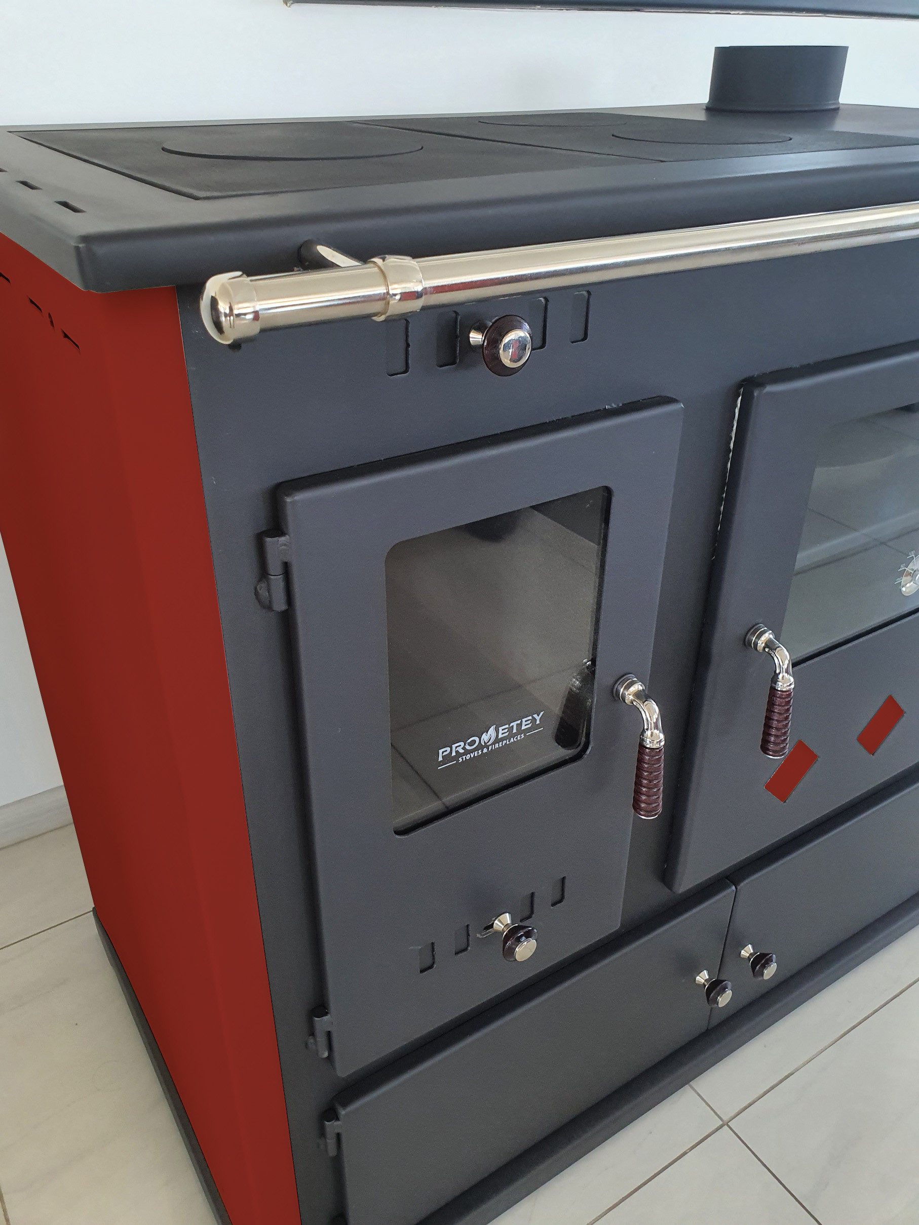 Prometey Kaminofen mit Backfach und Herdplatte Dauerbrand Rot Holzofen, Zeitbrand, Küchenofen mit Backofen, Küchenherd mit Backfach