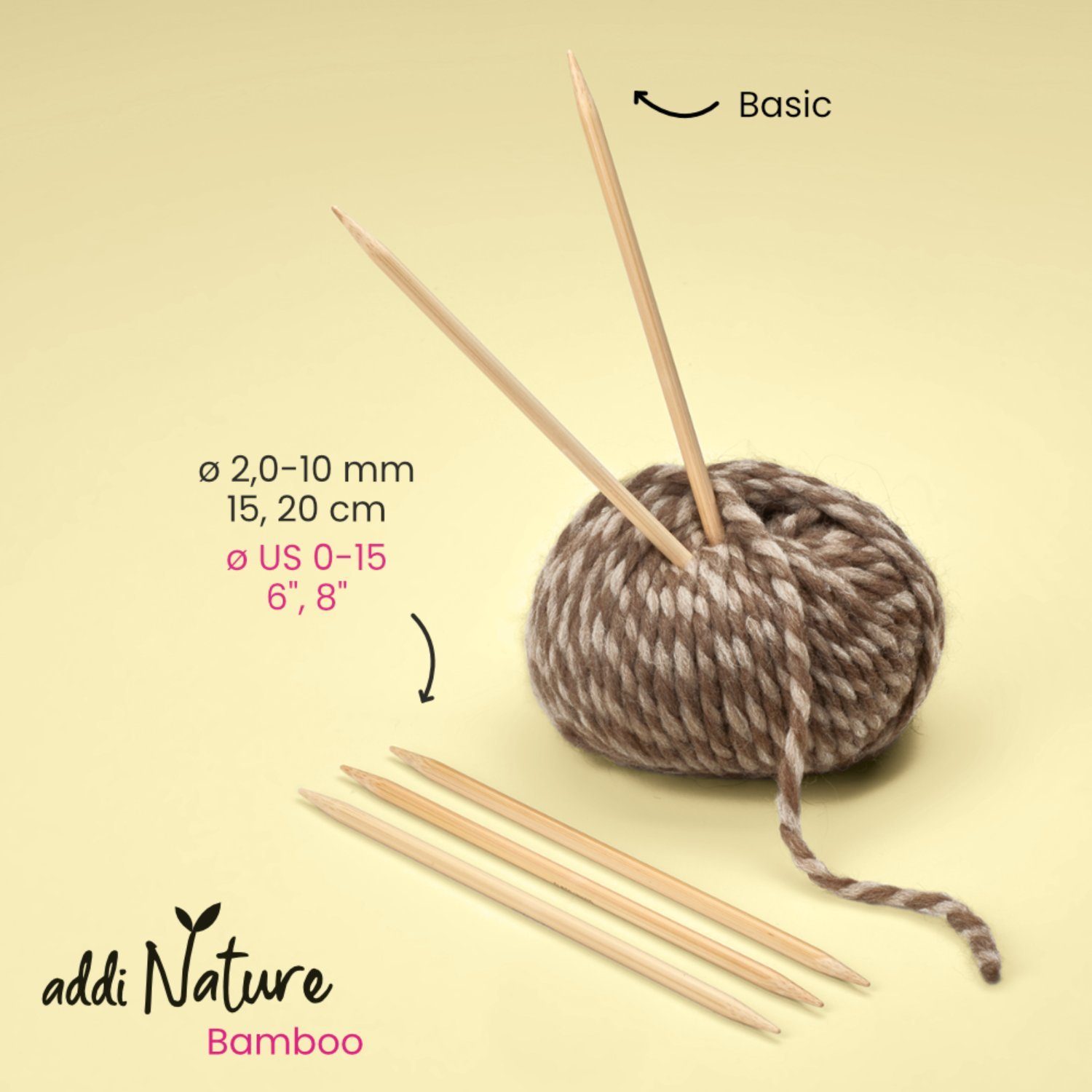 addi Strumpfstricknadeln addiNature Bamboo Nadelspiel aus Bambus Länge 15 cm, Nadelspiel in verschiedenen Stärken, 5 Strumpfstricknadeln, Bambus, gewachst, 15 cm, 5 Nadeln