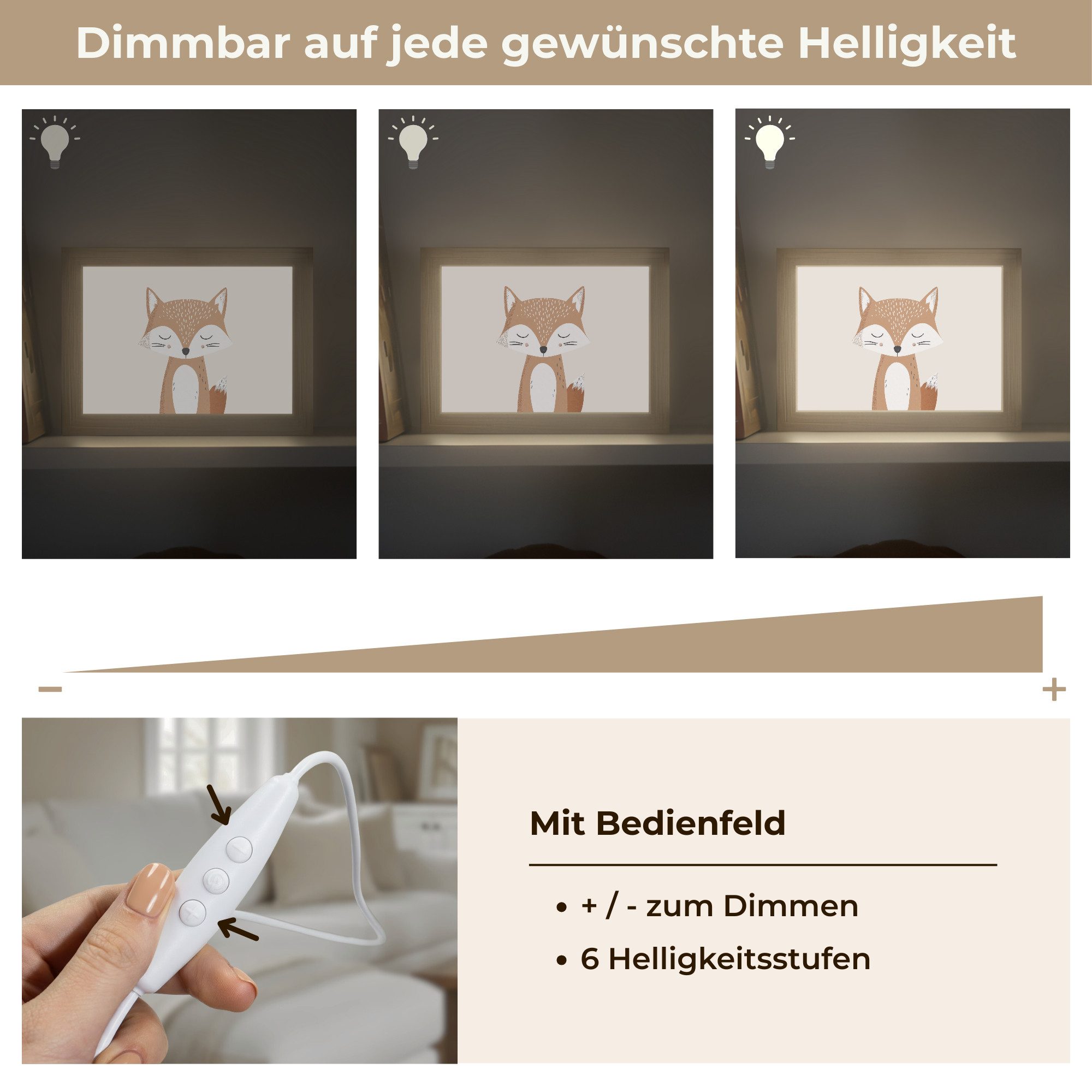 OnlyWow Wandleuchte Lightbox Fuchs - Tier - Waldtiere - Mädchen, Dimmbar, Farbwechsel, LED, Warmweiß, Kaltweiß, Neutralweiß Einstellbar, Wandlampe Innen, Dimmbar, mit Kabel, LED, Modern, Kinder