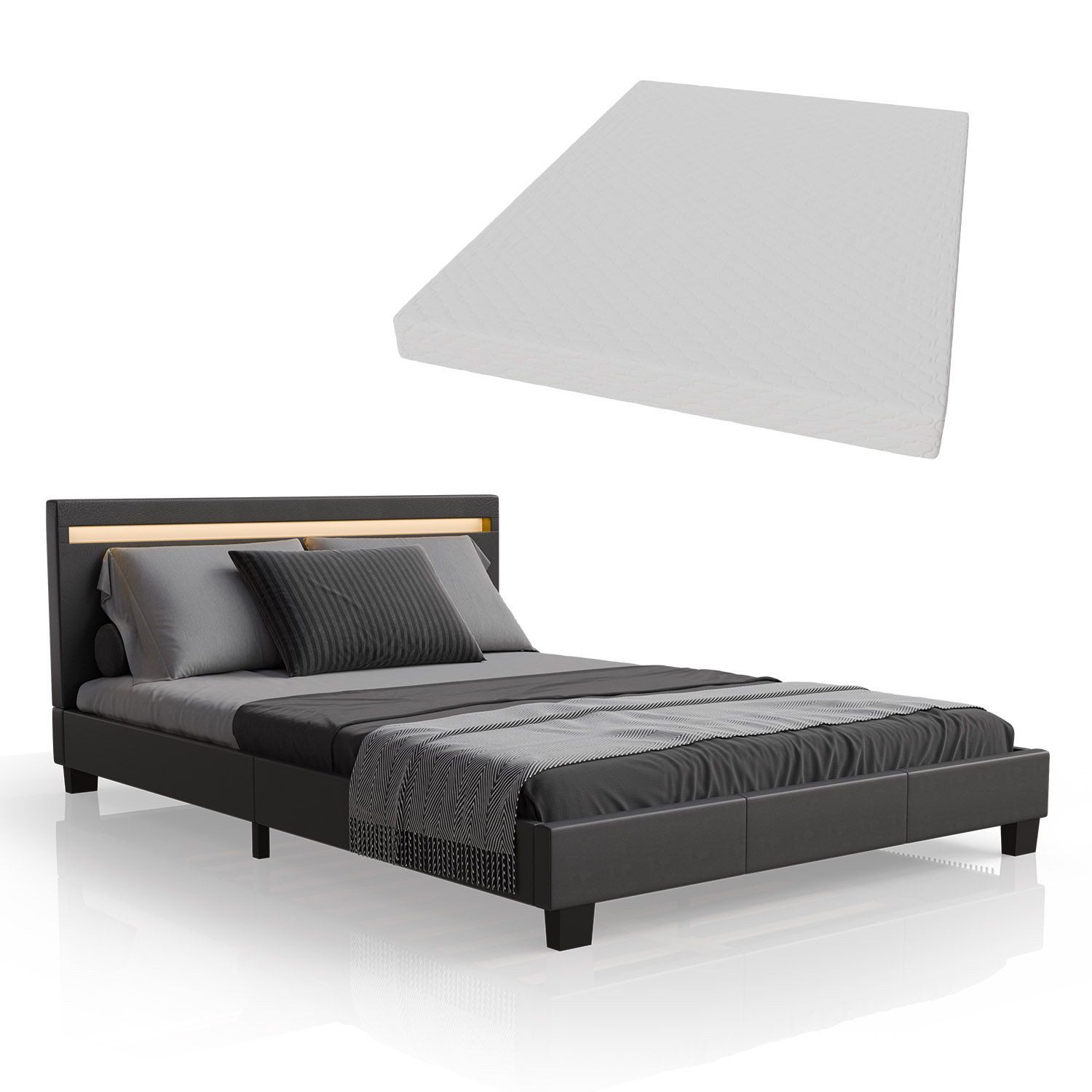 Juskys Polsterbett Paris, 140x200 cm, RGB-LED, Kunstleder, weiches Kopfteil, inkl. Matratze