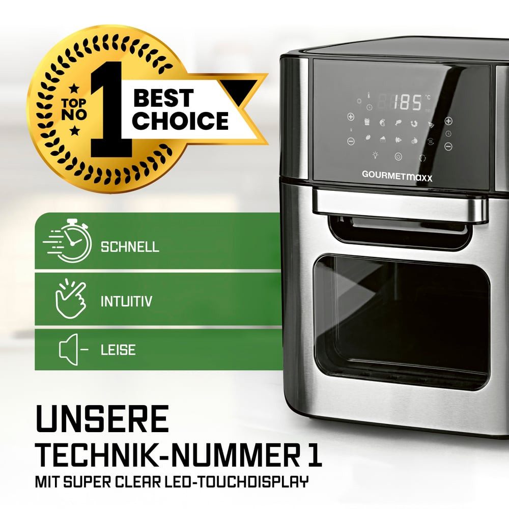 GOURMETmaxx Heißluftfritteuse 12 l - XXL-Ofen + Touchdisplay, 1800 W, fettarm frittieren knusprige Pommes, Hähnchen auftauen backen wärmen