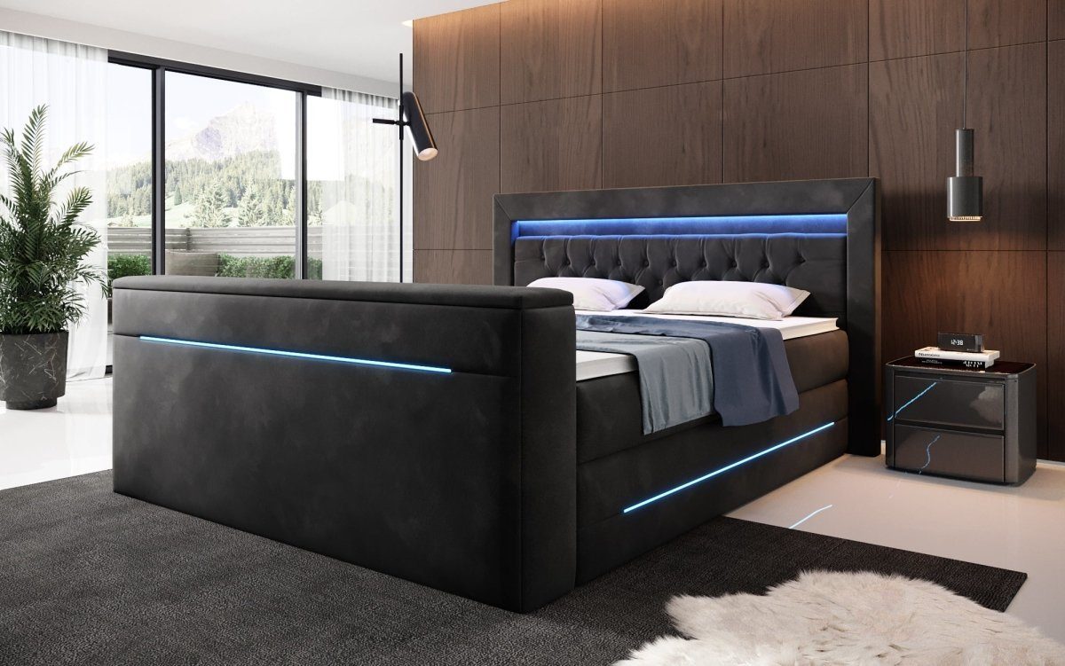 Luxusbetten24 Boxspringbett Pluto, mit TV Lift, RGB und Stauraum Black