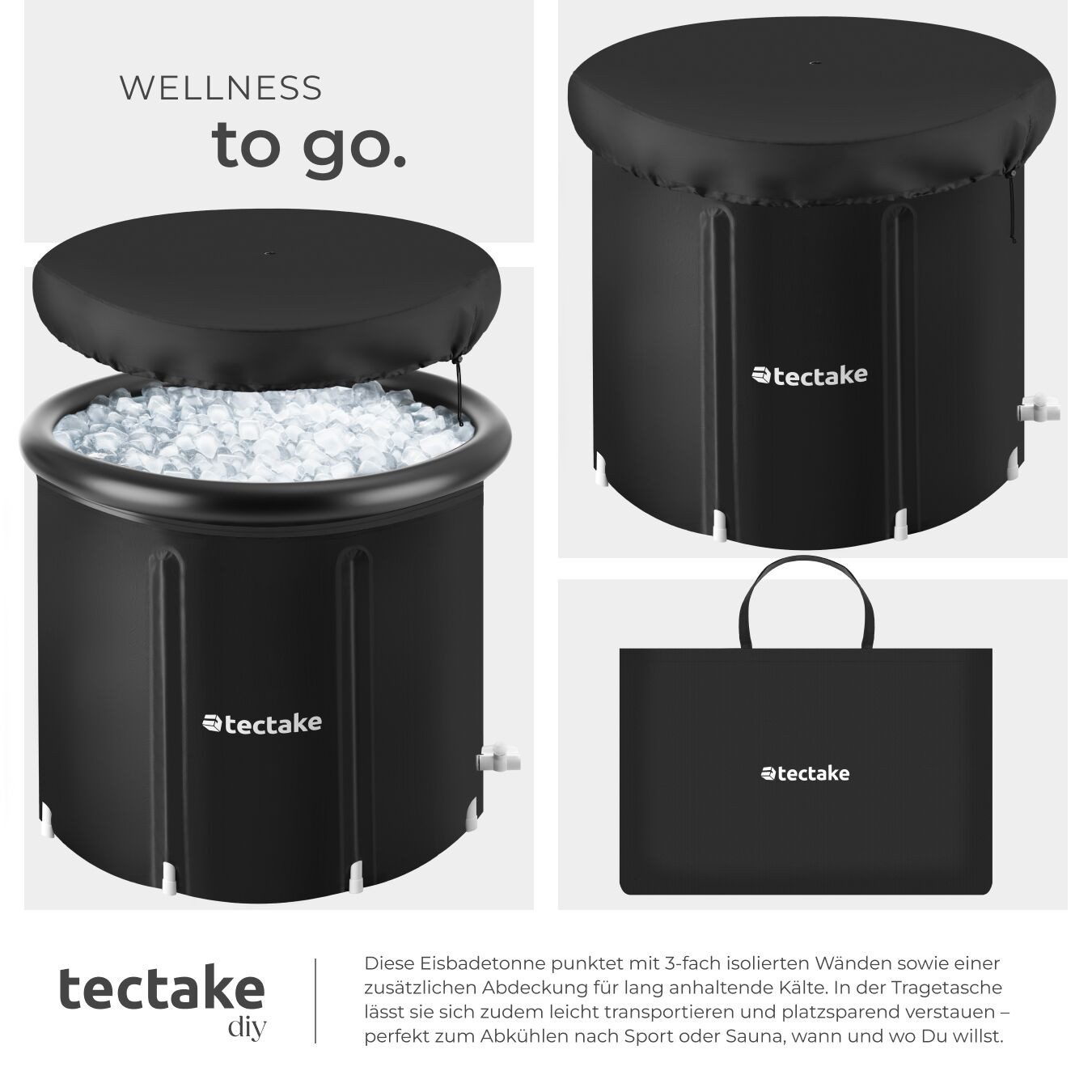 tectake Badebottich Eisbadewanne, Pumpe und Wasserkissen, faltbar, mit 3-facher, 320 l, für 1 Personen, Kältebecken Helsinki, 1 St., in schwarz, Aufblasbarer Außenring & Schutzabdeckung, wetterfest & strapazierfähig