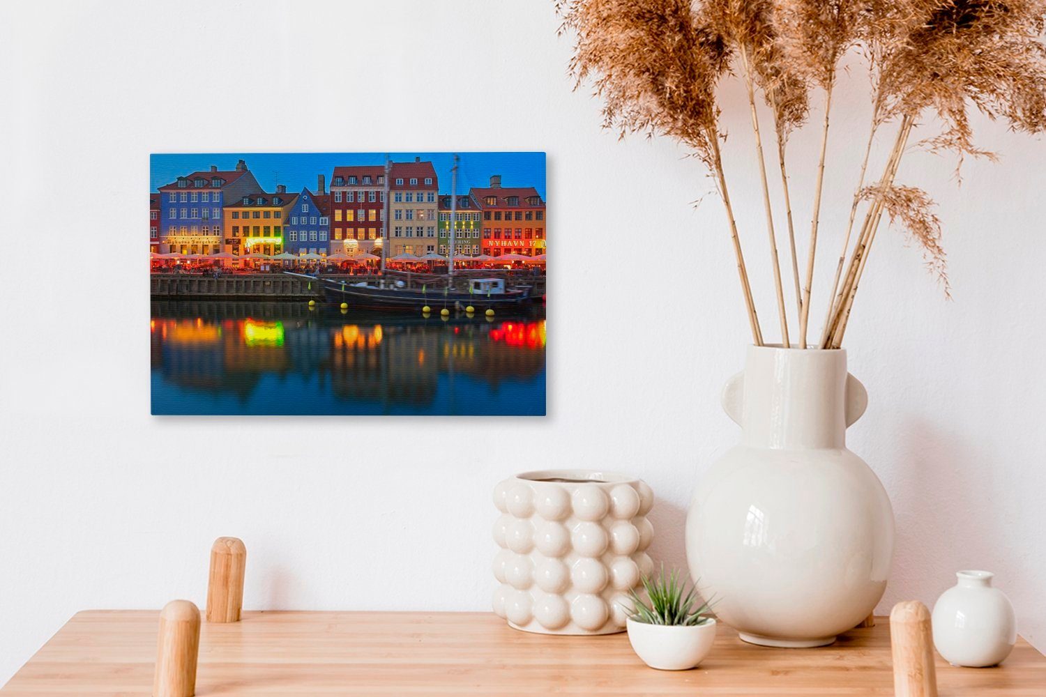 OneMillionCanvasses® Leinwandbild Nacht, Wanddeko, Dänemarks Wandbild cm (1 Nyhavn 30x20 Aufhängefertig, Leinwandbilder, St), bei