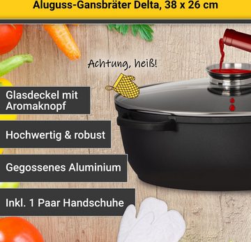 Krüger Bräter Aluguss Gansbräter mit Glasdeckel und Aromaknopf DELTA, 38x26x13 cm, Aluminiumguss (1-tlg), für Induktions-Kochfelder geeignet