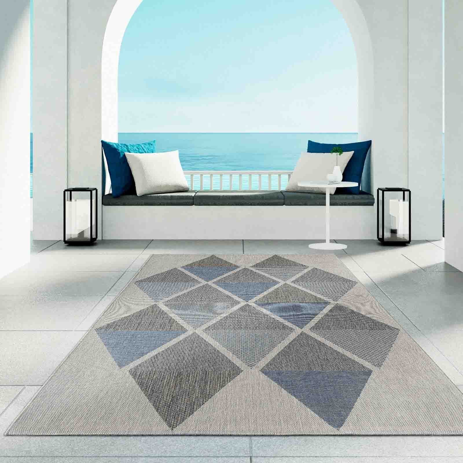 Teppich Regina Teppich aus robustem Flachgewebe für In und Outdoor, TaraCarpet, rechteckig, Höhe: 7 mm, Küche Wohnzimmer Terrasse Garten Balkon Karo blau 67x180 54124330blau