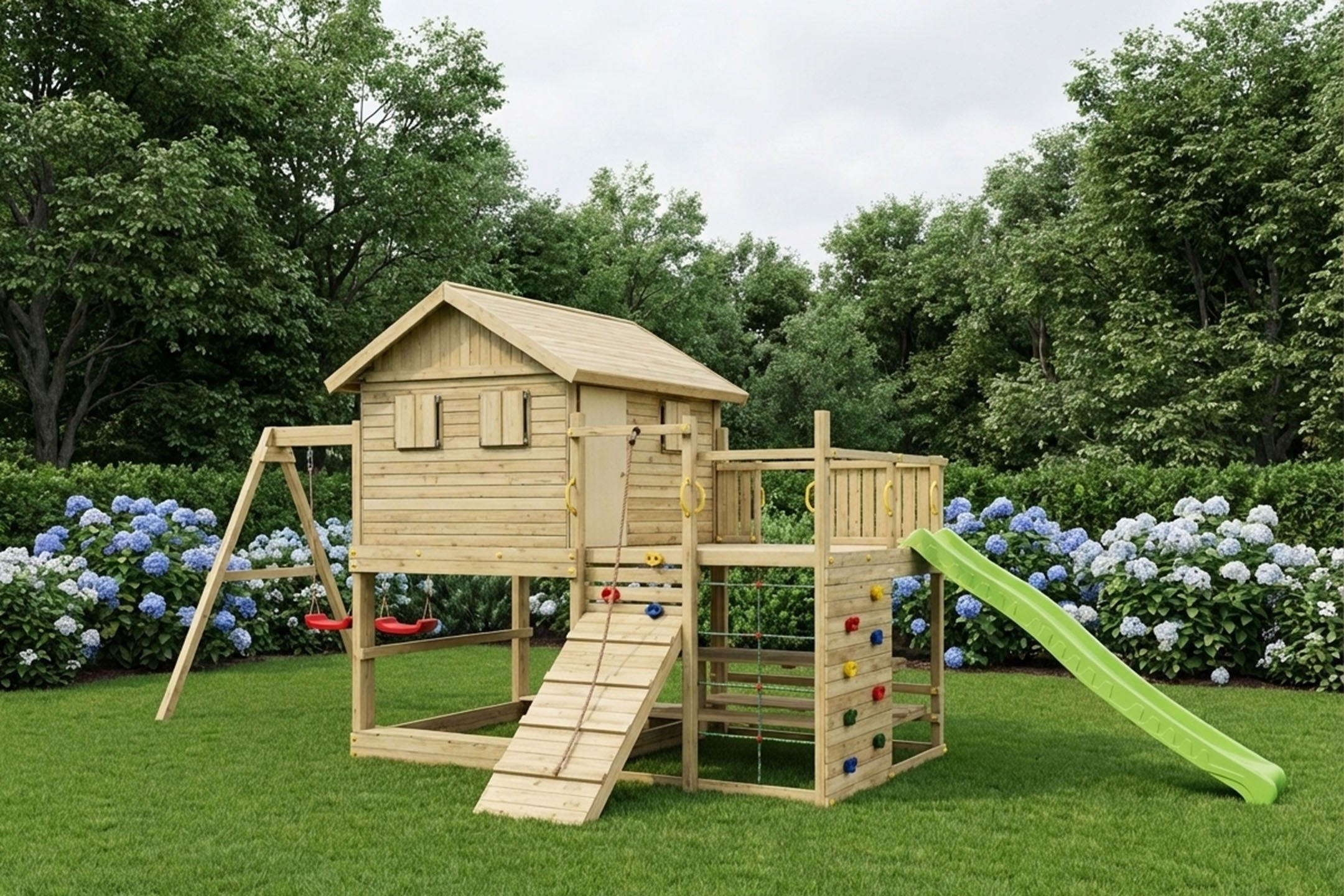 FUNGOO Spielturm ALOHA, mit Spielhaus und Terrasse, Doppelschaukel
