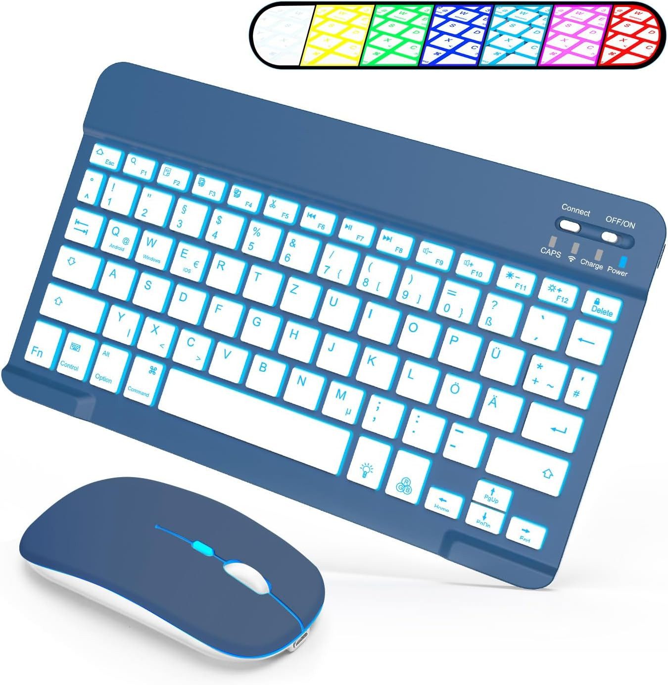 SOPPY Kabellose Bluetooth mit Touchpad QWERTZ Tastatur- und Maus-Set, Beleuchtete Slim Tastatur mit Maus Funktion für Tablet Laptop