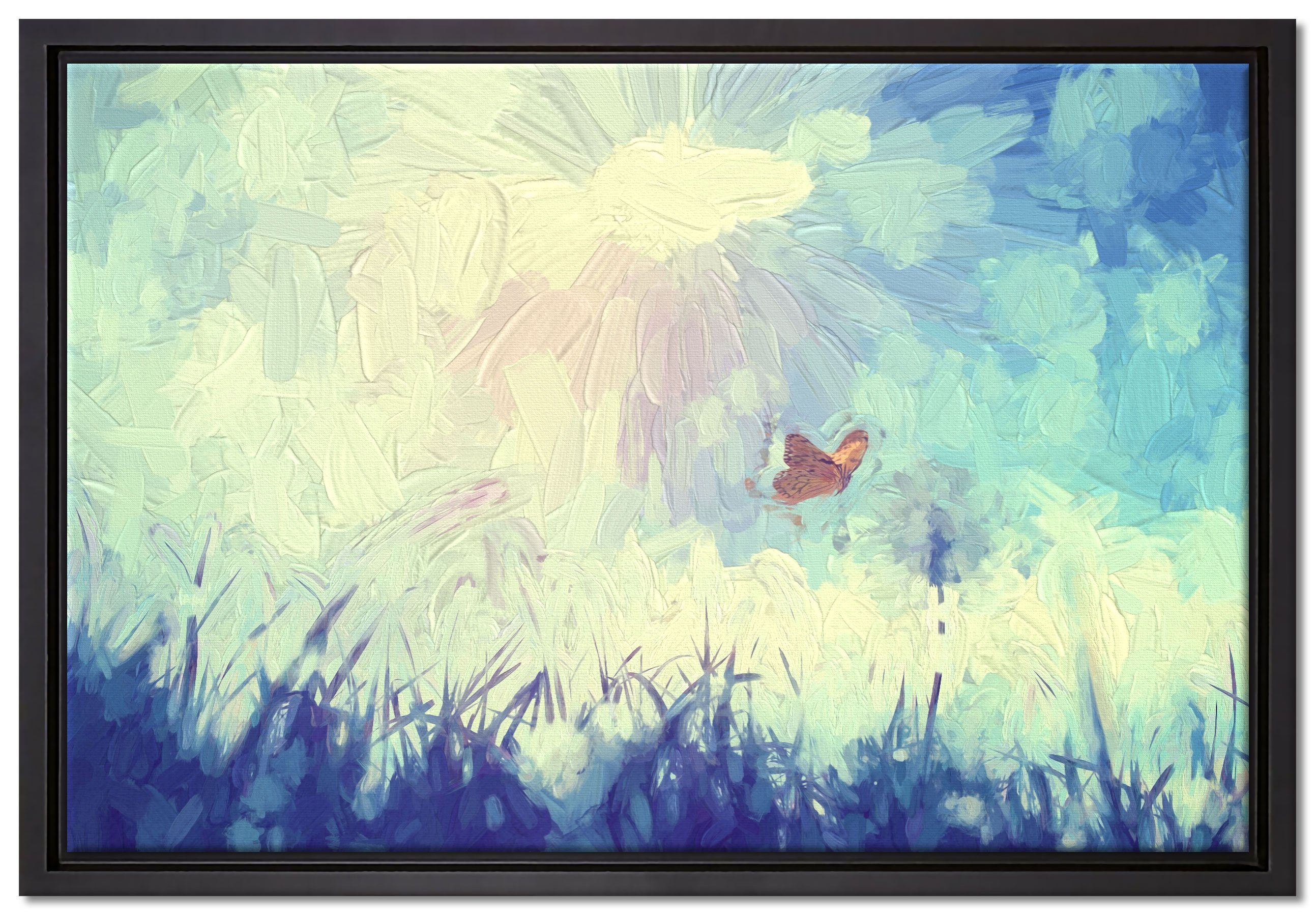 Zackenaufhänger einem zu fliegt Schattenfugen-Bilderrahmen Pixxprint St), Wanddekoration bespannt, Leinwandbild gefasst, (1 fertig Pusteblume, in Leinwandbild Schmetterling inkl.