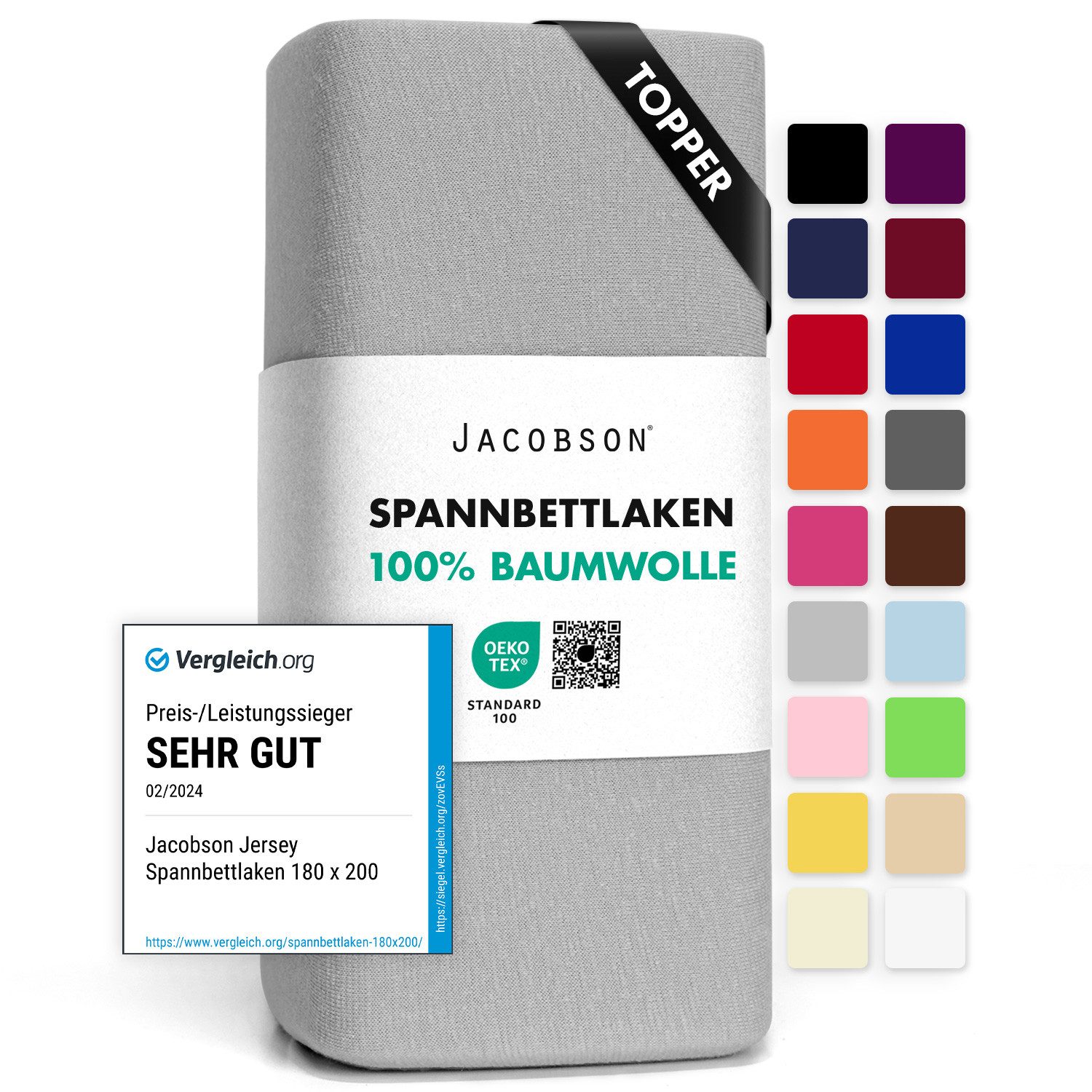 Jacobson Spannbettlaken TOPPER aus 100% Baumwolle, Jersey Bettlaken 160 g/m², Spannbetttuch mit Gummizug, pflegeleicht & viele Farben