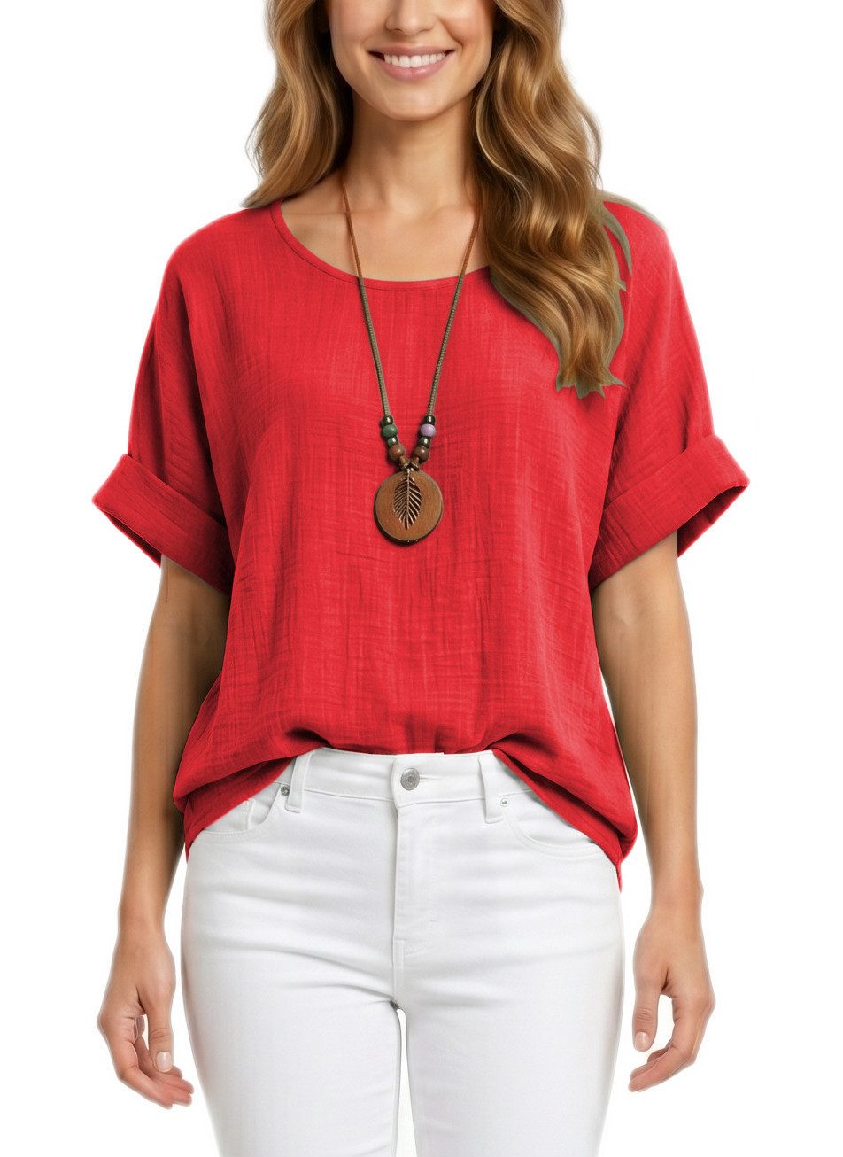 dy_mode Kurzarmbluse Damen Kurzarm Bluse Leichte Sommer Tunika Baumwollbluse Oberteil in Unifarbe, mit passende Kette