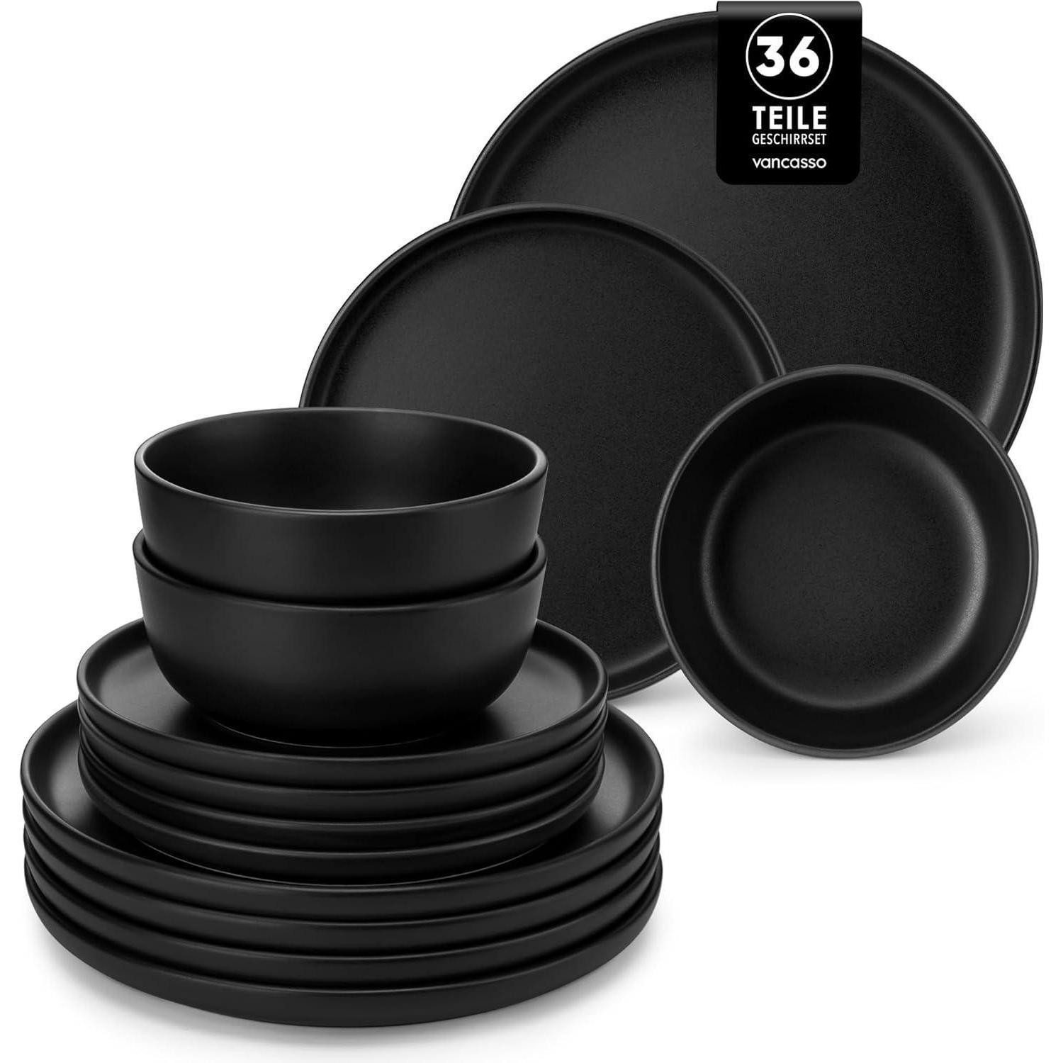 LuxusKollektion Tafelservice Geschirrset Steingut Schwarz Tafelservice 36tlg 36 Teile Set Schwarz