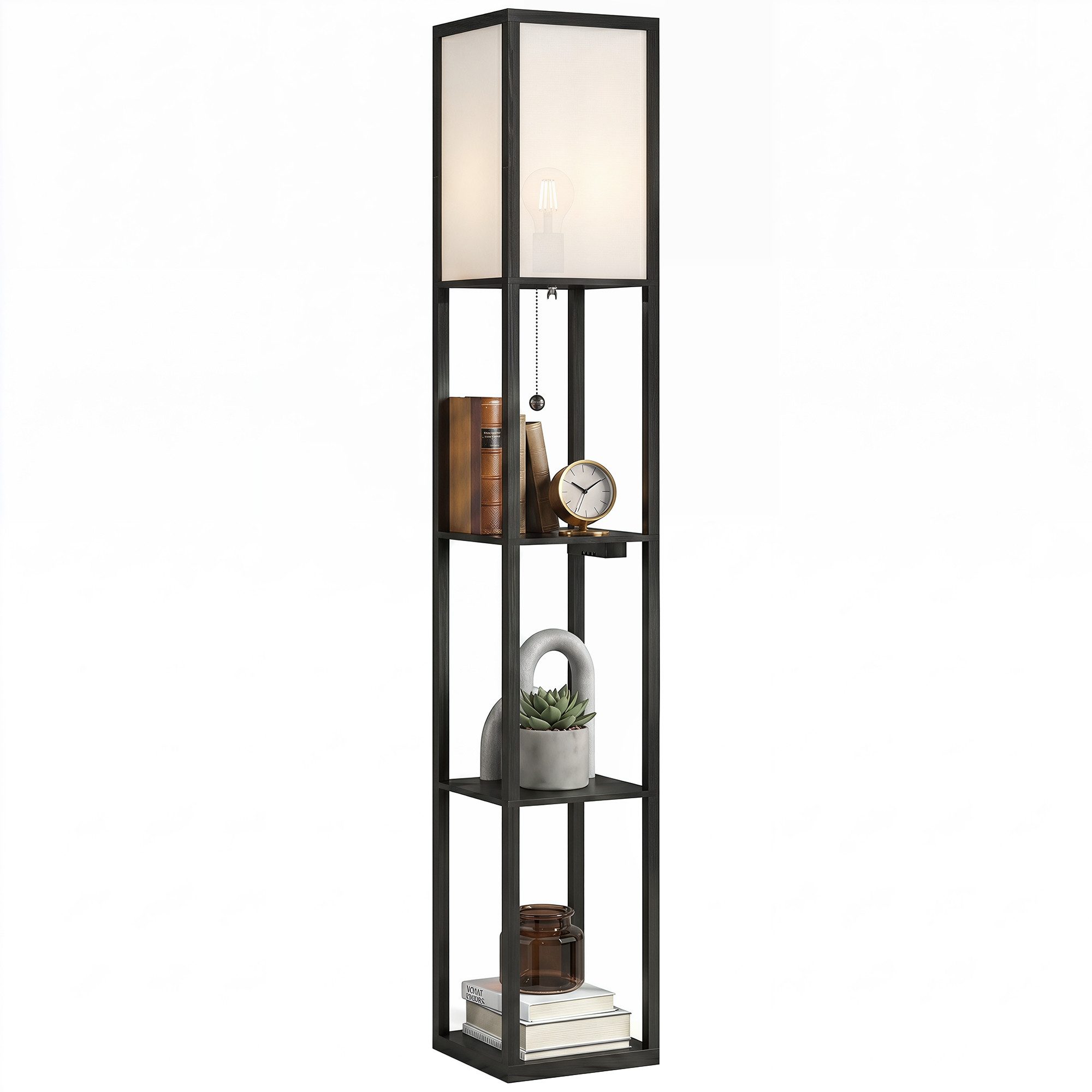 HOMCOM Stehlampe Standleuchte mit Regalen, Wohnzimmer Stehleuchte mit E27 Fassung, Dimmfunktion, mehrere Helligkeitsstufen, Ein-,Ausschalter, Ladefunktion, LED wechselbar, Neutralweiß, 2-in-1 Stehlampe mit Ablagen, dimmbar