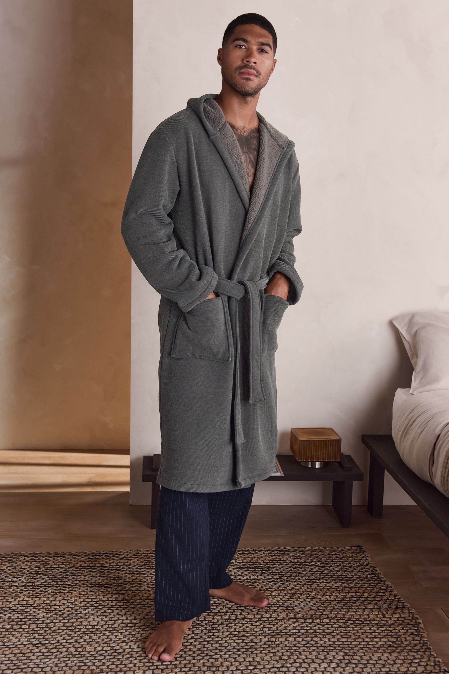 Next Herrenbademantel Strukturierter Morgenmantel, Polyester (recycelt)