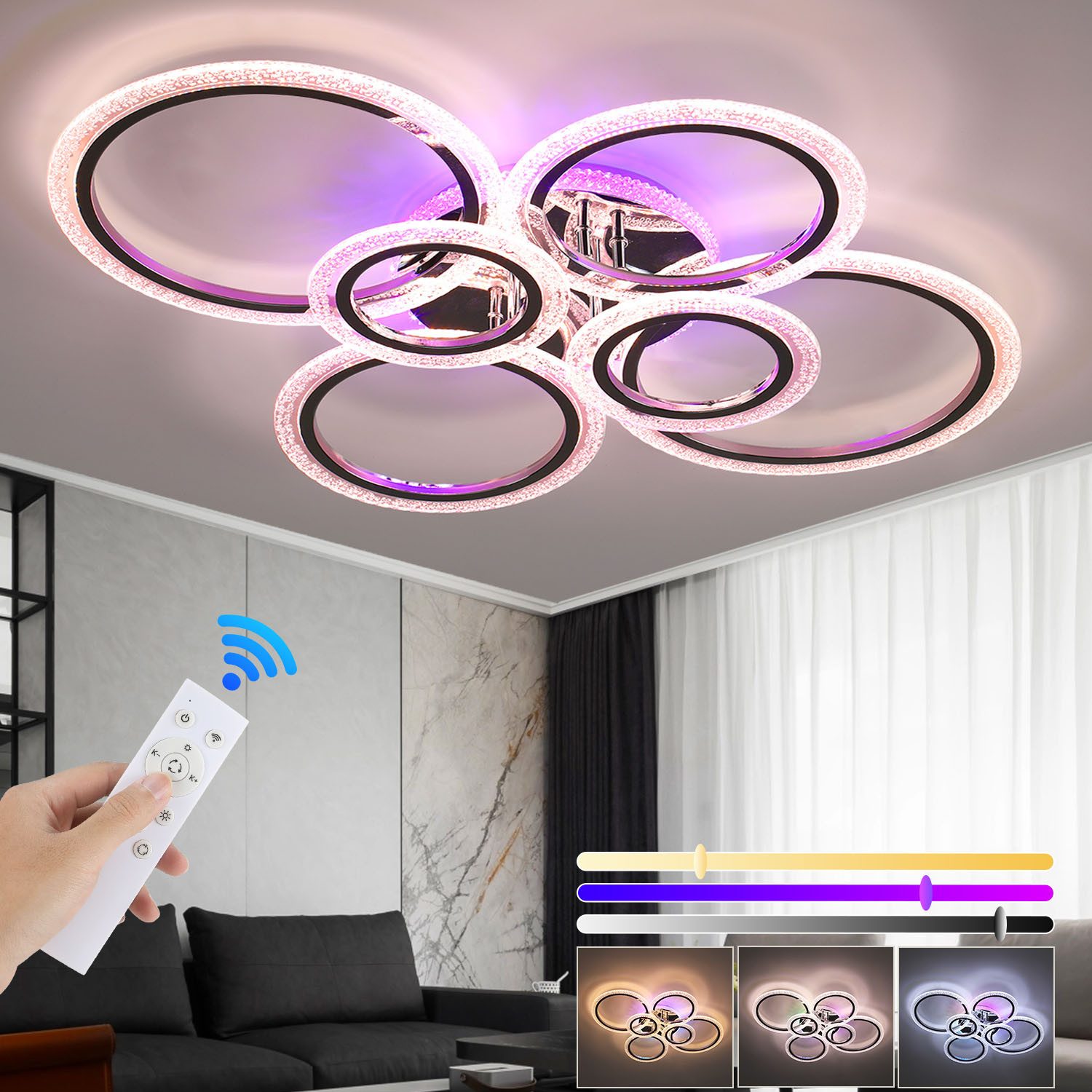 oyajia Deckenleuchte 46W LED Deckenlampe RGB Farbwechsel, Modern 6 Flammig Ringoptik Design, LED fest integriert, Kristall-Lichteffekt Deckenleuchte für Wohnzimmer Schlafzimmer Hotel