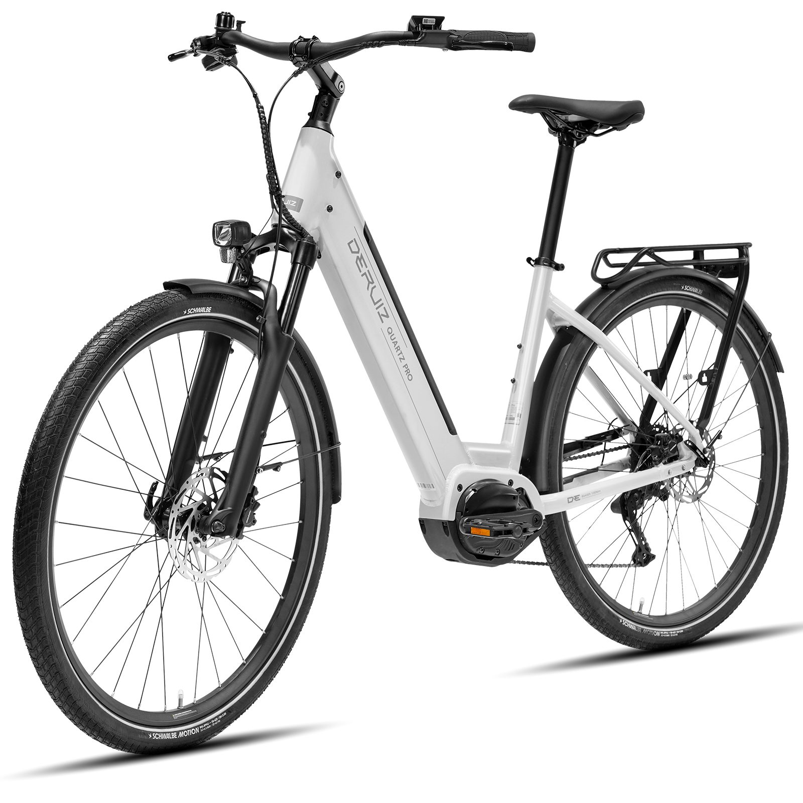 DERUIZ E-Bike Cityrad 28 Zoll Quartz Pro 2026,Shimano 9-Gang, 100 Nm Mittelmotor, 9 Gang SHIMANO Shimano CUES RD-U3020 Schaltwerk, Kettenschaltung, Mittelmotor, 644 Wh, (Mittelmotor, Drehmomentsensor, Aluminiumrahmen, Elektrofahrrad), Tiefeinsteiger, Mittelmotor, Schwalbe Reifen, Gepäckträger bis 25 kg