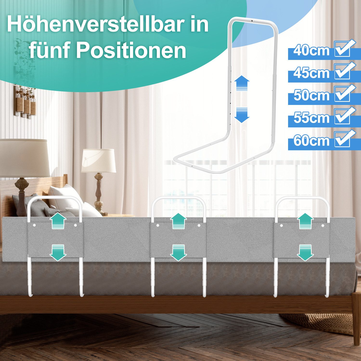 Clanmacy Bettschutzgitter Rausfallschutz Bett 5-Loch Höhenverstellbar Bettgitter 150cm (und strapazierfähigem Polyester Canvas Material 150-200cm), aus Metall – Bild 3 von 5