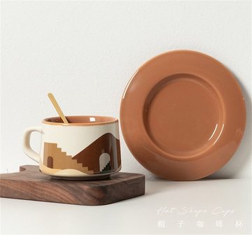 Dekorative Kaffeeservice Keramik Kaffeebecher, Tasse und Untertasse Set, Vintage Style (1-tlg), Teetasse mit Untertassen und Löffel, Ceramic Teetasse Set