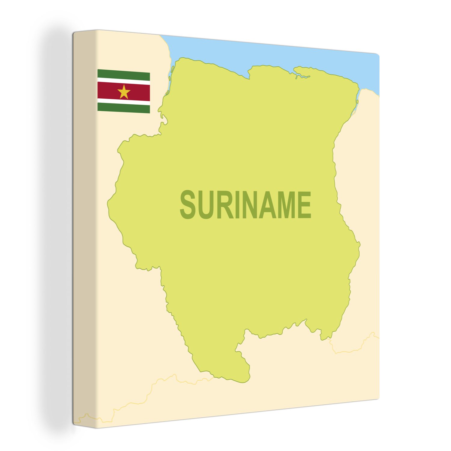 OneMillionCanvasses® Leinwandbild Die Karte von Suriname mit der Flagge, (1 St), Leinwand Bilder für Wohnzimmer Schlafzimmer