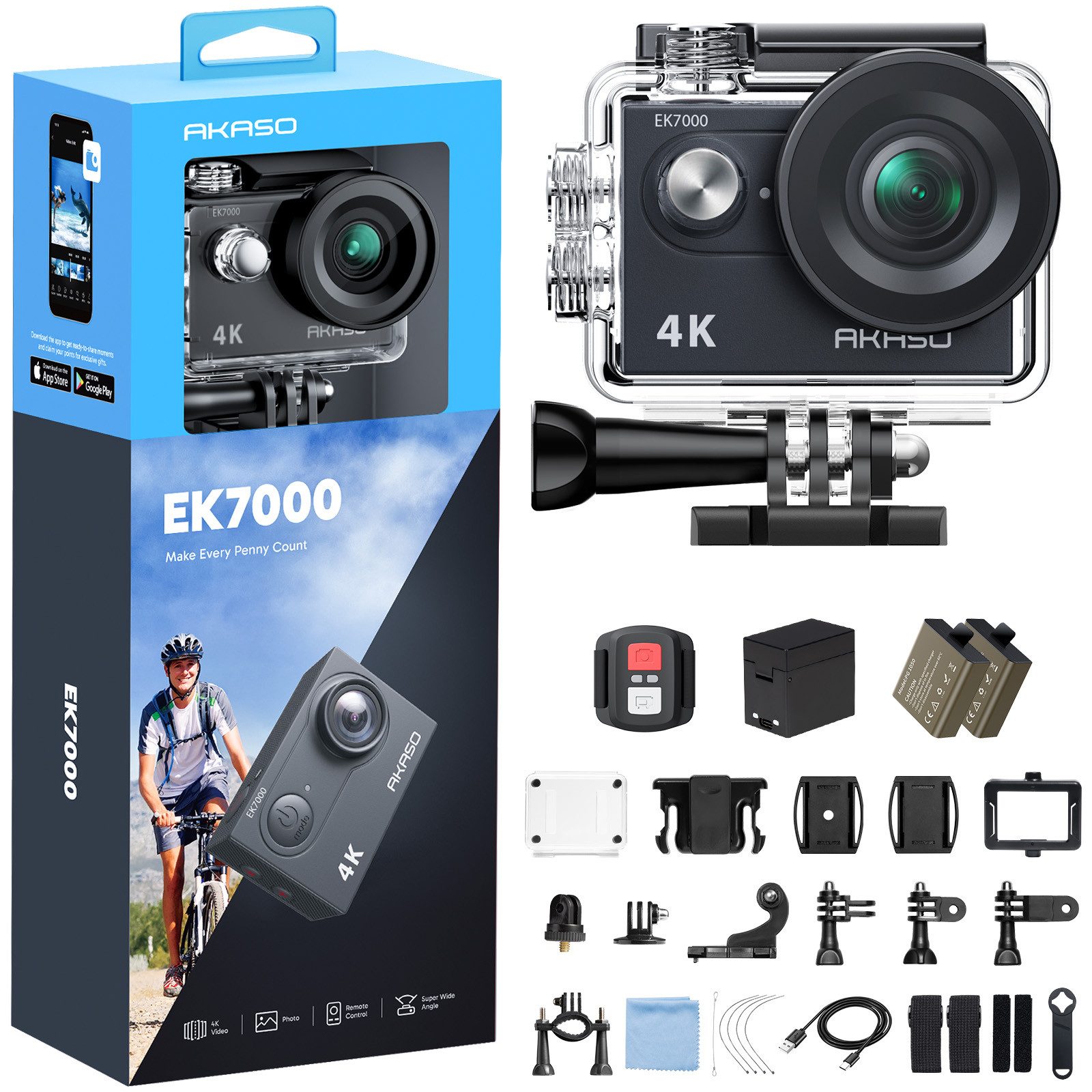Akaso EK7000 Action Cam (4K Ultra HD, 30M wasserdicht, 170°Ultra Weitwinkelt, Fernbedienung)