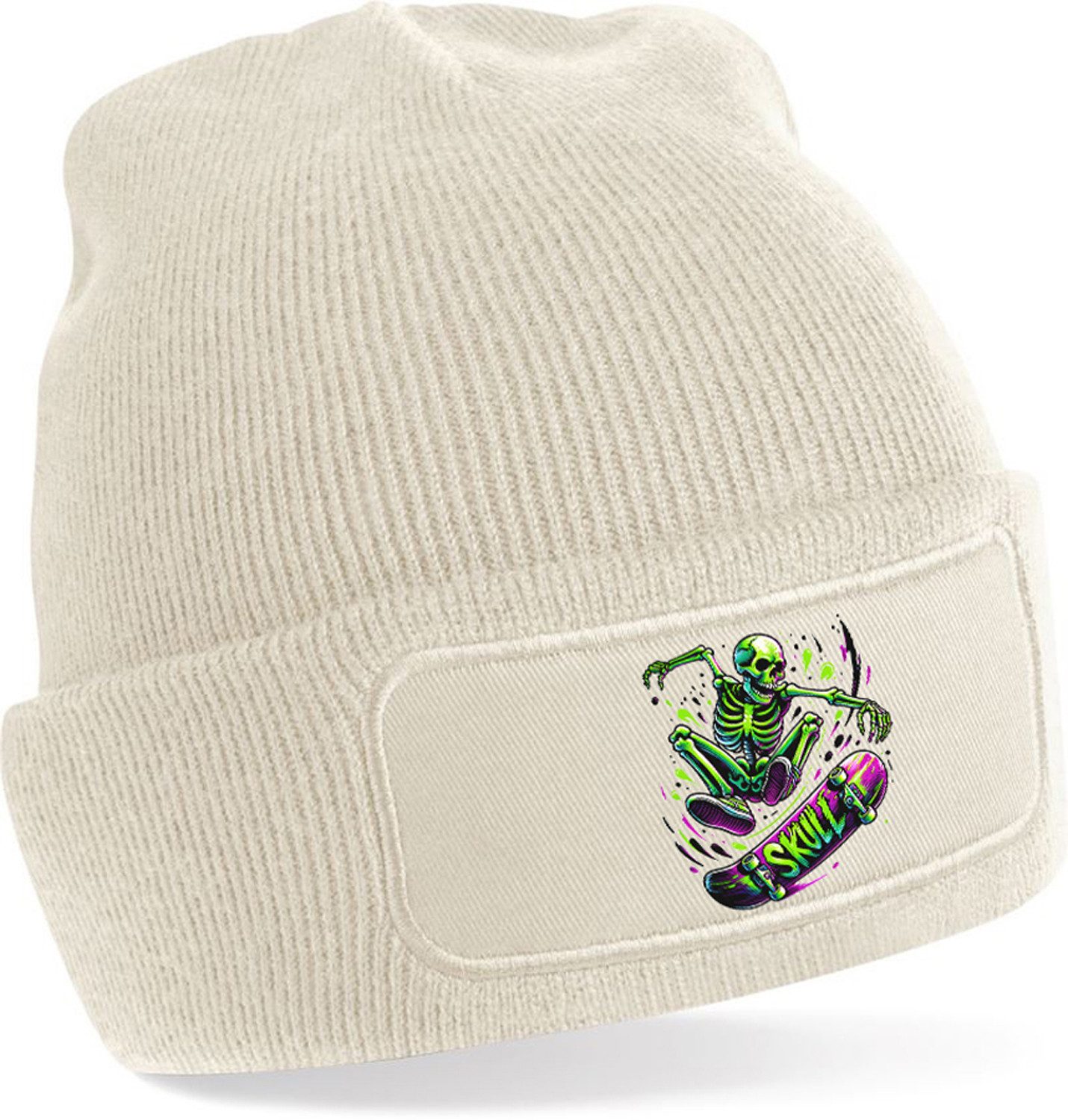 Strickmütze für kalte Tage - Beanie mit Umschlag und stylischem Skater Print