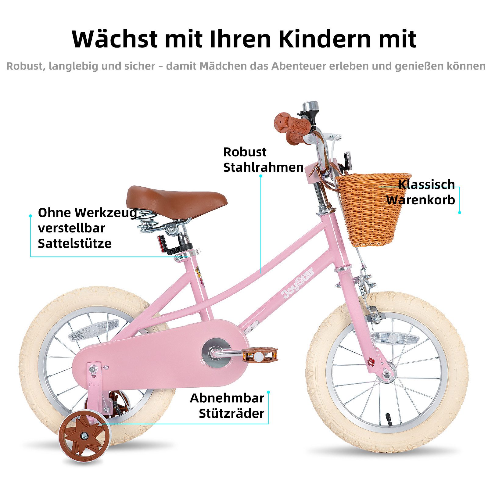 JOYSTAR Kinderfahrrad 12/14/16/18/20 Mädchenfahrrad für 2-13 Jahre alte Kinder, 12" 14" 16" Kinderfahrrad mit Stützrädern & Korb, 20 Zoll mit Ständer