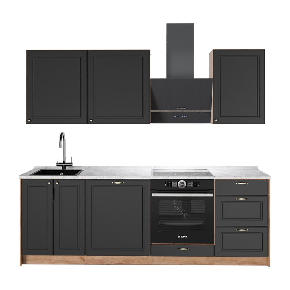Vicco Küchenzeile Fame-Line, Anthrazit-Gold Landhaus/Goldkraft Eiche, 230 cm, AP Marmor