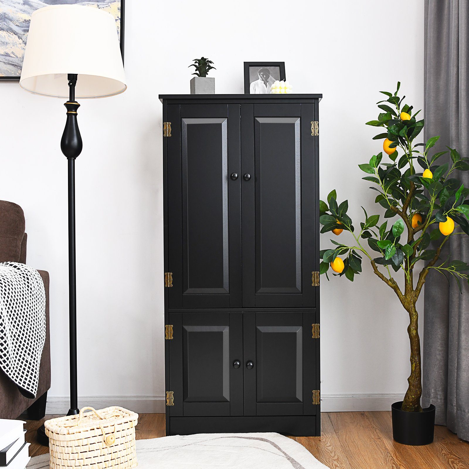 Mehrzweckschrank Regal, Holz, 58,5x31,5x123cm COSTWAY mit Schwarz Türen&verstellbarem