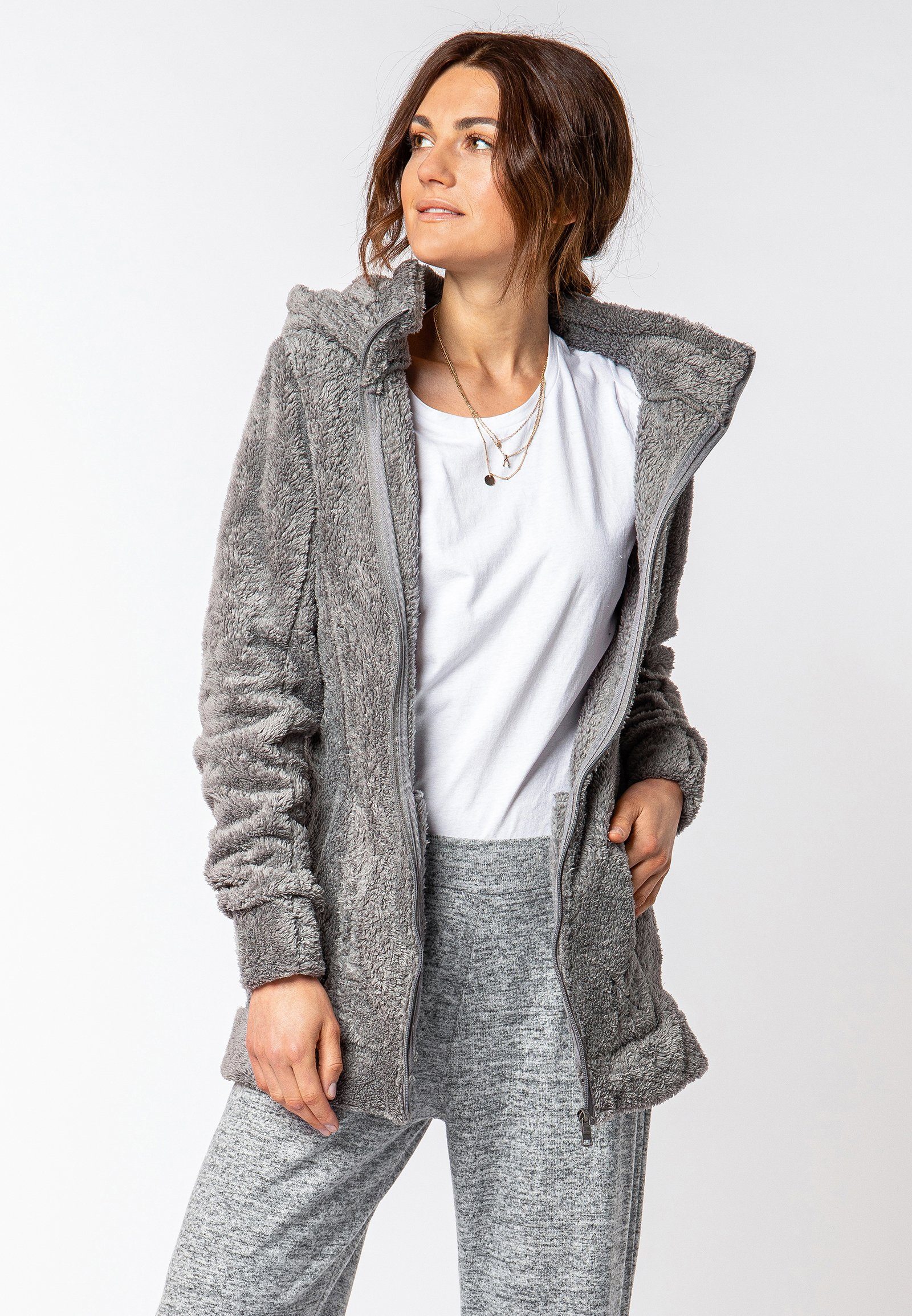 Kapuze Flauschiger middle-grey Fleecemantel Fleecejacke mit SUBLEVEL