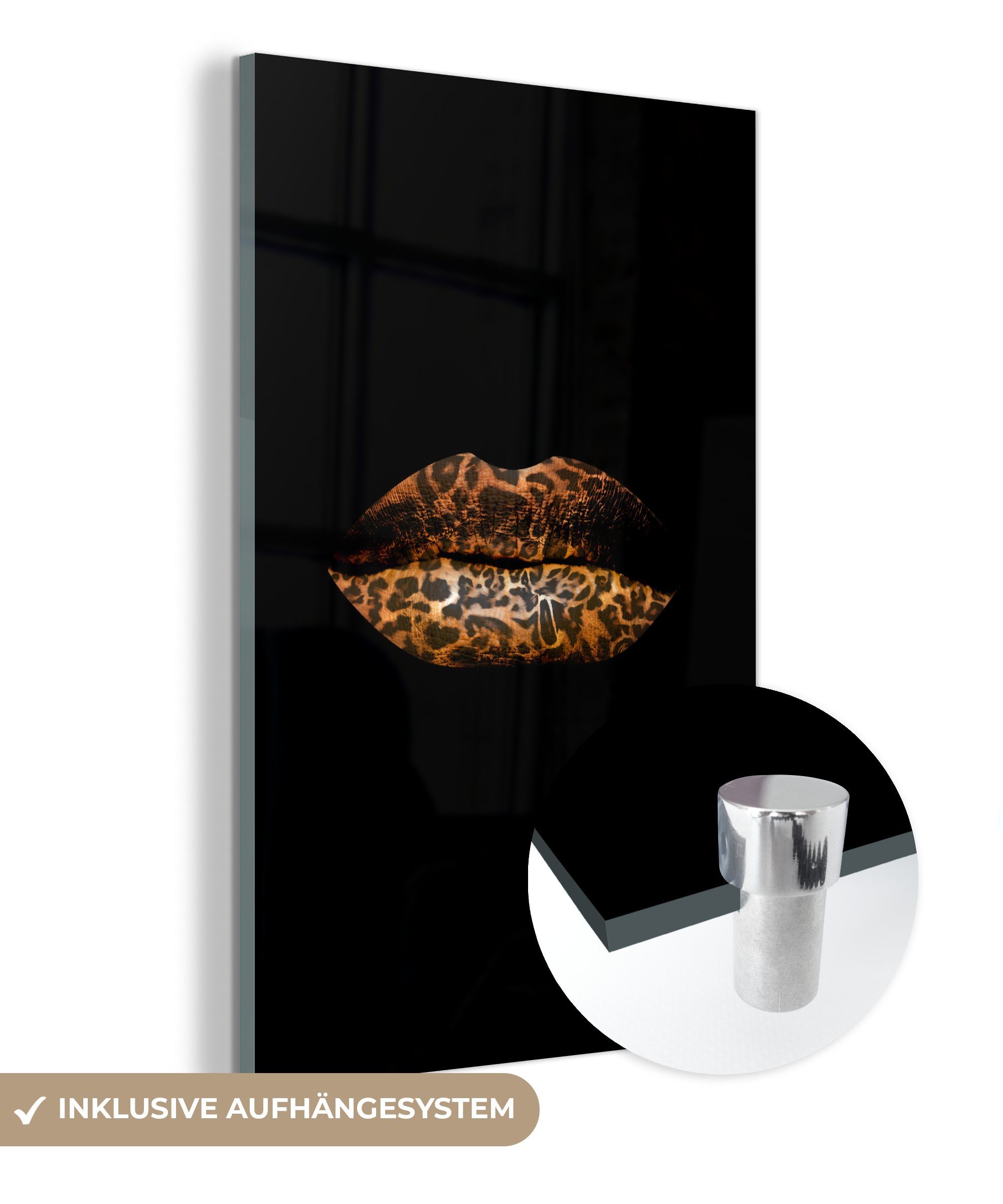 MuchoWow Acrylglasbild Lippen Wanddekoration Foto Glas - Glas Wandbild auf - Tigerdruck (1 - - Bilder auf St), - Glasbilder Schwarz