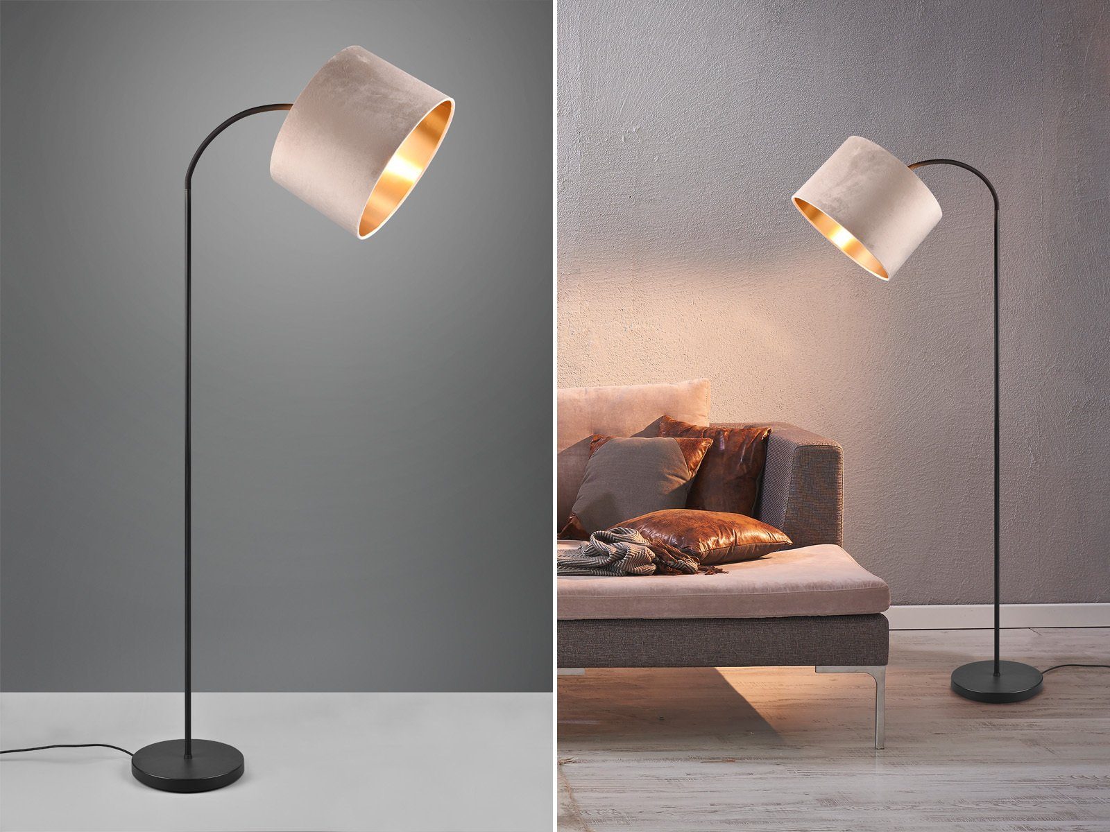 meineWunschleuchte LED Bogenlampe, Dimmfunktion, LED wechselbar, Warmweiß, gebogen-e Designklassiker Bogen-stehlampe für Ecke Samt Beige H: 156cm