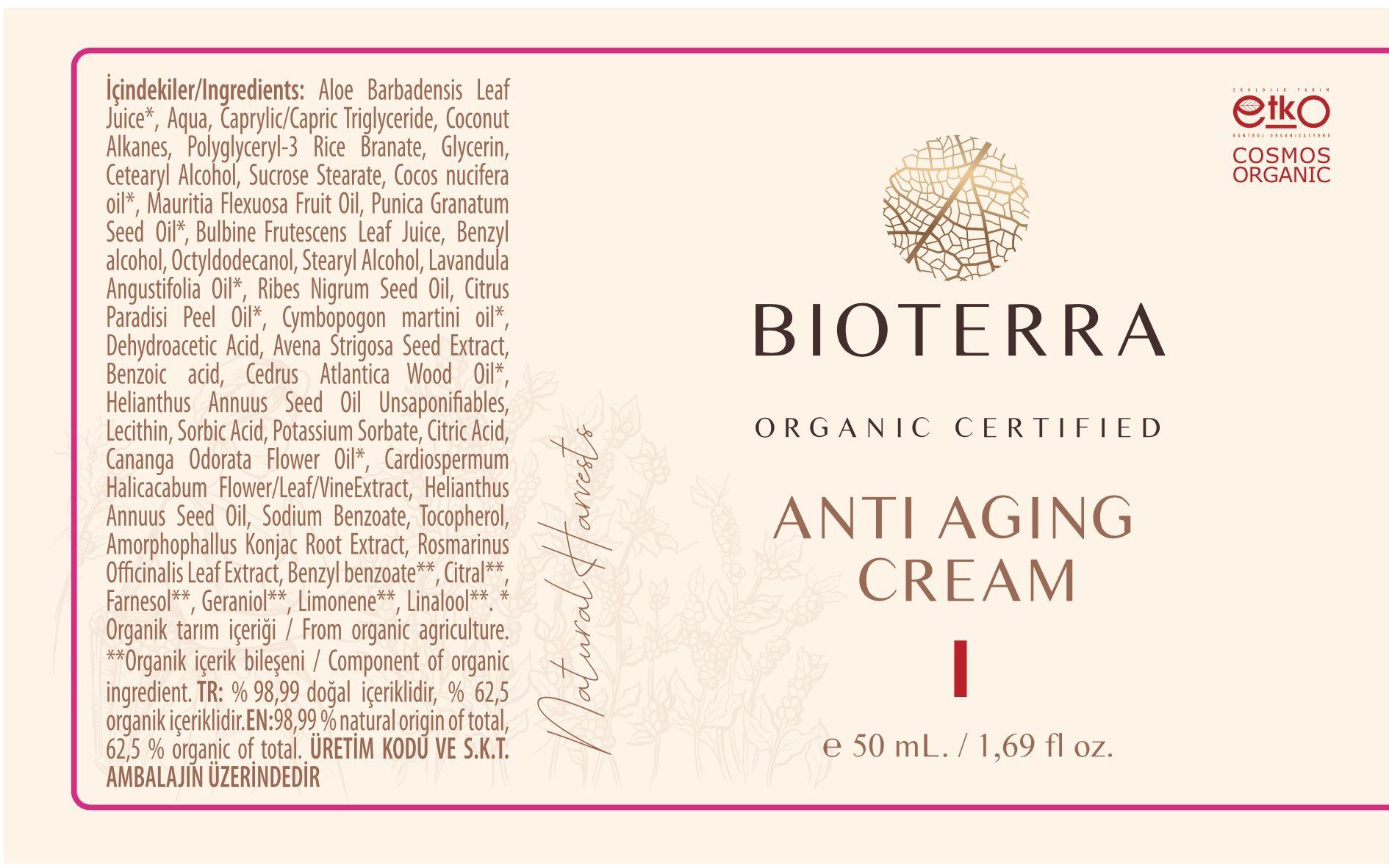 BIOTERRA Anti-Aging-Creme Bio Vegan, anti-aging feuchtigkeitsspendend Anti-Aging Naturkosmetik 50ml regenerierend Creme 1-tlg., antibakteriell