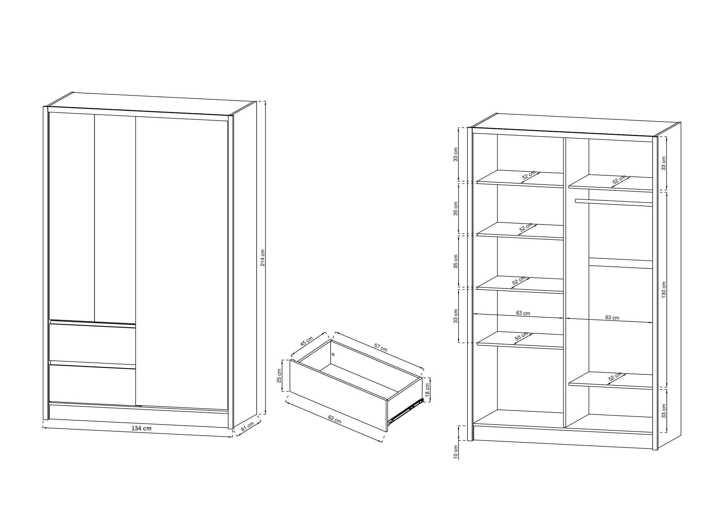 Beautysofa Kleiderschrank Siera (3-türig modernes Schrank, / Spiegelschrank 154 mit Spiegel, / weiß 204 Schiebtür mit sonoma) mit / / / artisan 184 cm, 2x 134 Schubladen